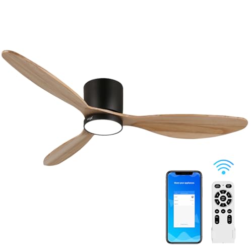 reiga Ventilador de Techo con Luz y Mando a Distancia 132 cm, 3-Aspas Madera Natural, 6 velocidades, Silencioso, Función Verano-Invierno, Temporizador