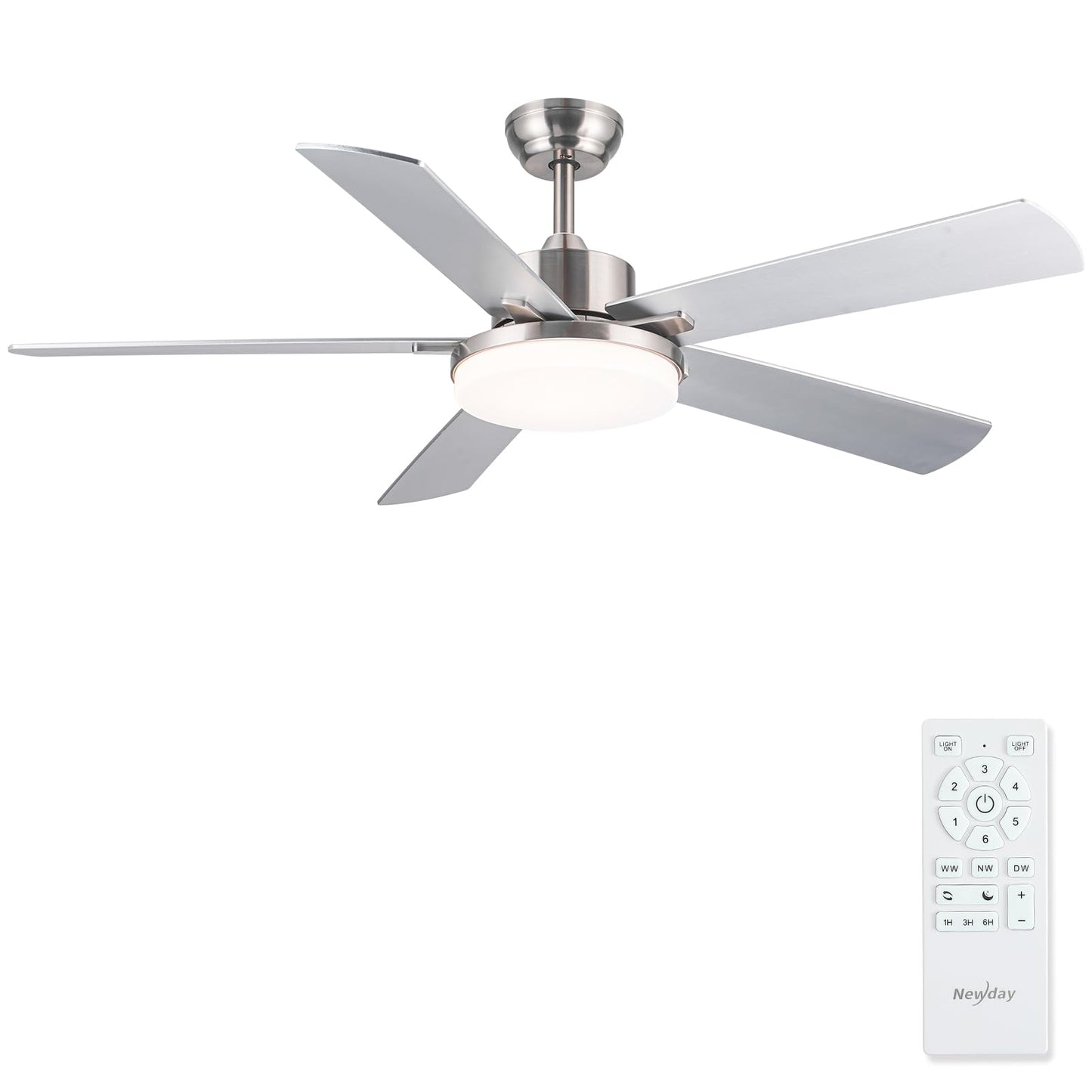 Newday 132cm Ventilador de Techo con Luz y Mando Plata, Ventilador de Techo con Lampara Regulable y 5 Aspas Grande, Motor DC Silencioso, 6 Velocidades, Patrones de Sueño para Dormitorio Terraza Salon