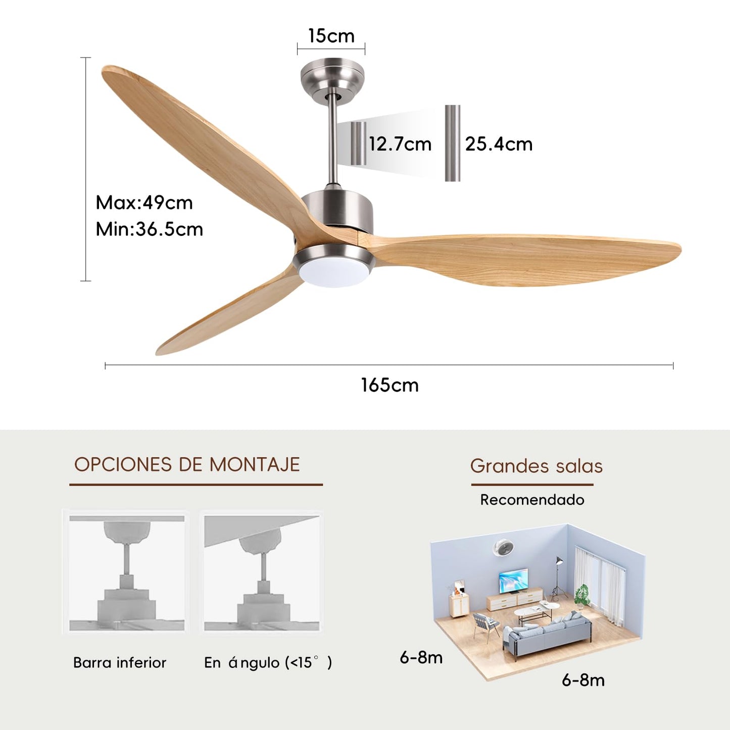 Ovlaim 165 CM Ventilador de techo inteligente de madera maciza de 3 aspas con luz y mando a distancia, motor DC silencioso de 6 velocidades para sala de estar del dormitorio