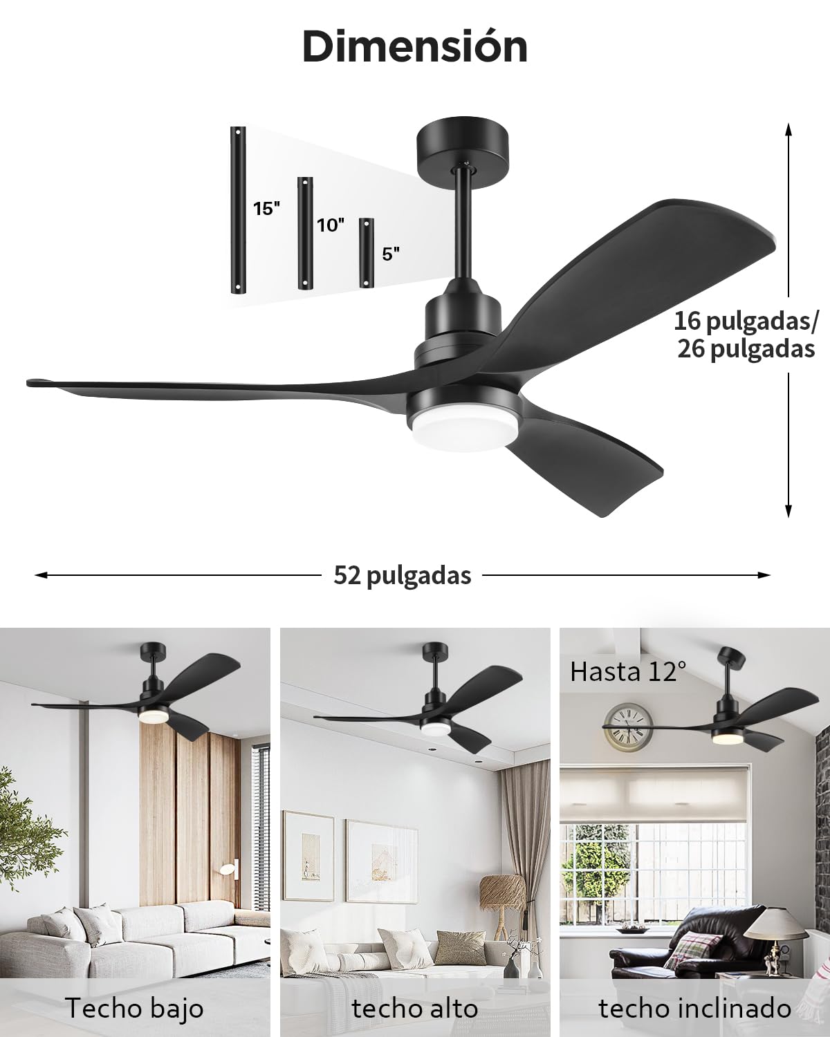 Ventilador de Techo con Luz y Mando a Distancia, Negro Ventiladores de Techo de 132 cm con Lámpara Luz Led con Motor DC, 3 Aspas, 6 Velocidades, Silencioso, Temporizador, para Exterior Dormitorio Saló
