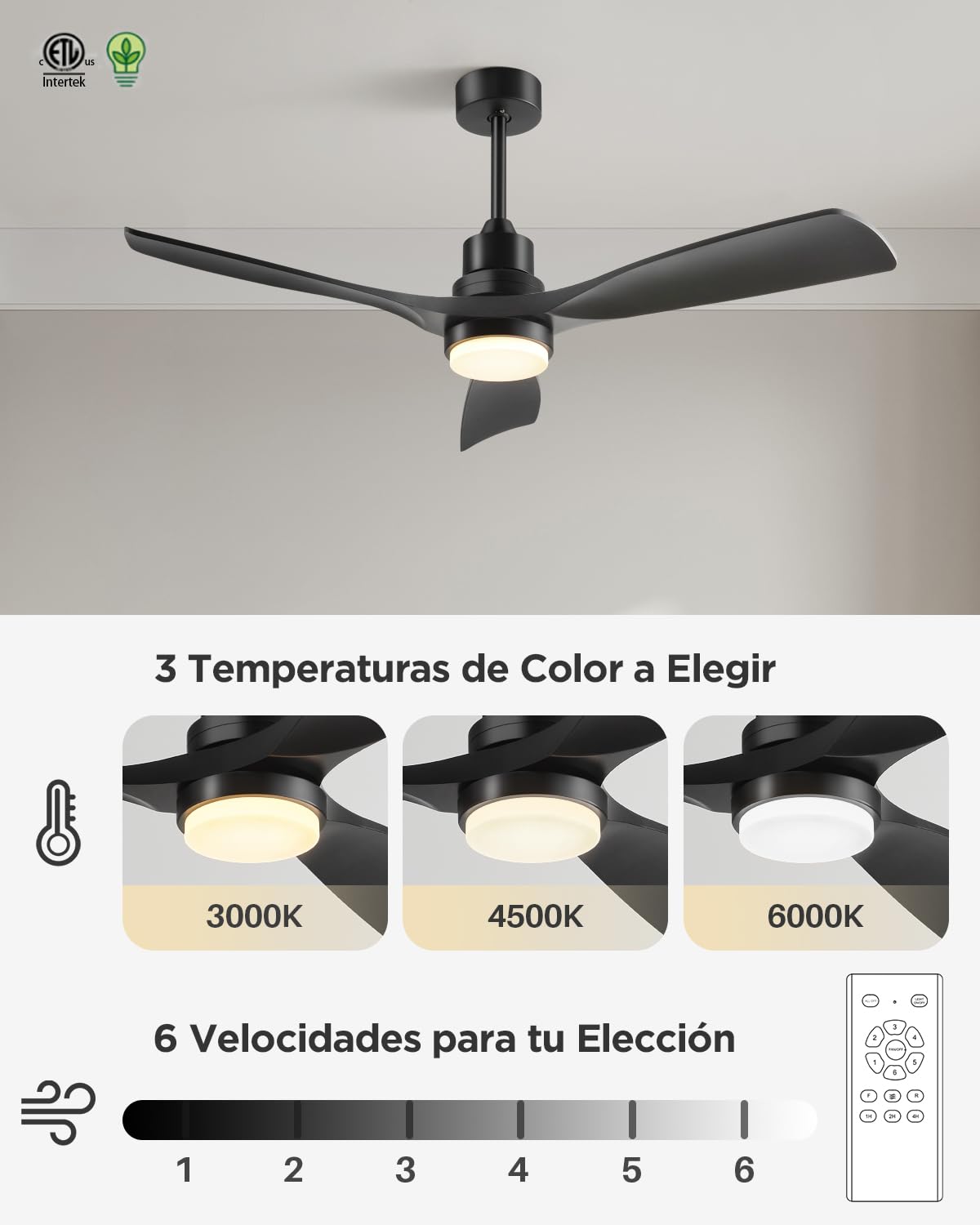 Ventilador de Techo con Luz y Mando a Distancia, Negro Ventiladores de Techo de 132 cm con Lámpara Luz Led con Motor DC, 3 Aspas, 6 Velocidades, Silencioso, Temporizador, para Exterior Dormitorio Saló