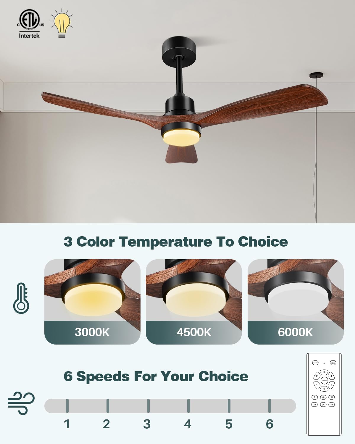 Ventilador de Techo con Luz y Mando a Distancia, Madera Ventiladores de Techo de 132 cm con Lámpara Luz Led con Motor DC, 3 Aspas, 6 Velocidades, Silencioso, Temporizador, para Dormitorio Salón