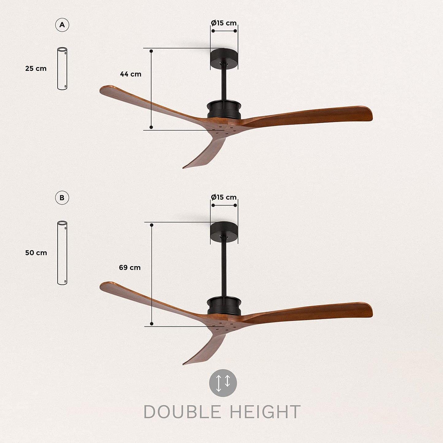 CREATE / WINDLARGE/Ventilador de techo negro aspas madera oscura con mando/XL, función verano-invierno, 6 velocidades, temporizador 1 a 4 h, 2 alturas,aspas blancas, 40W, Ø152 cm