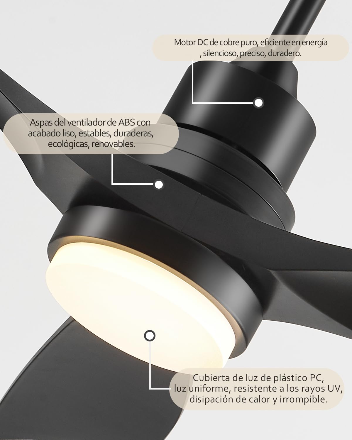 Ventilador de Techo con Luz y Mando a Distancia, Negro Ventiladores de Techo de 132 cm con Lámpara Luz Led con Motor DC, 3 Aspas, 6 Velocidades, Silencioso, Temporizador, para Exterior Dormitorio Saló