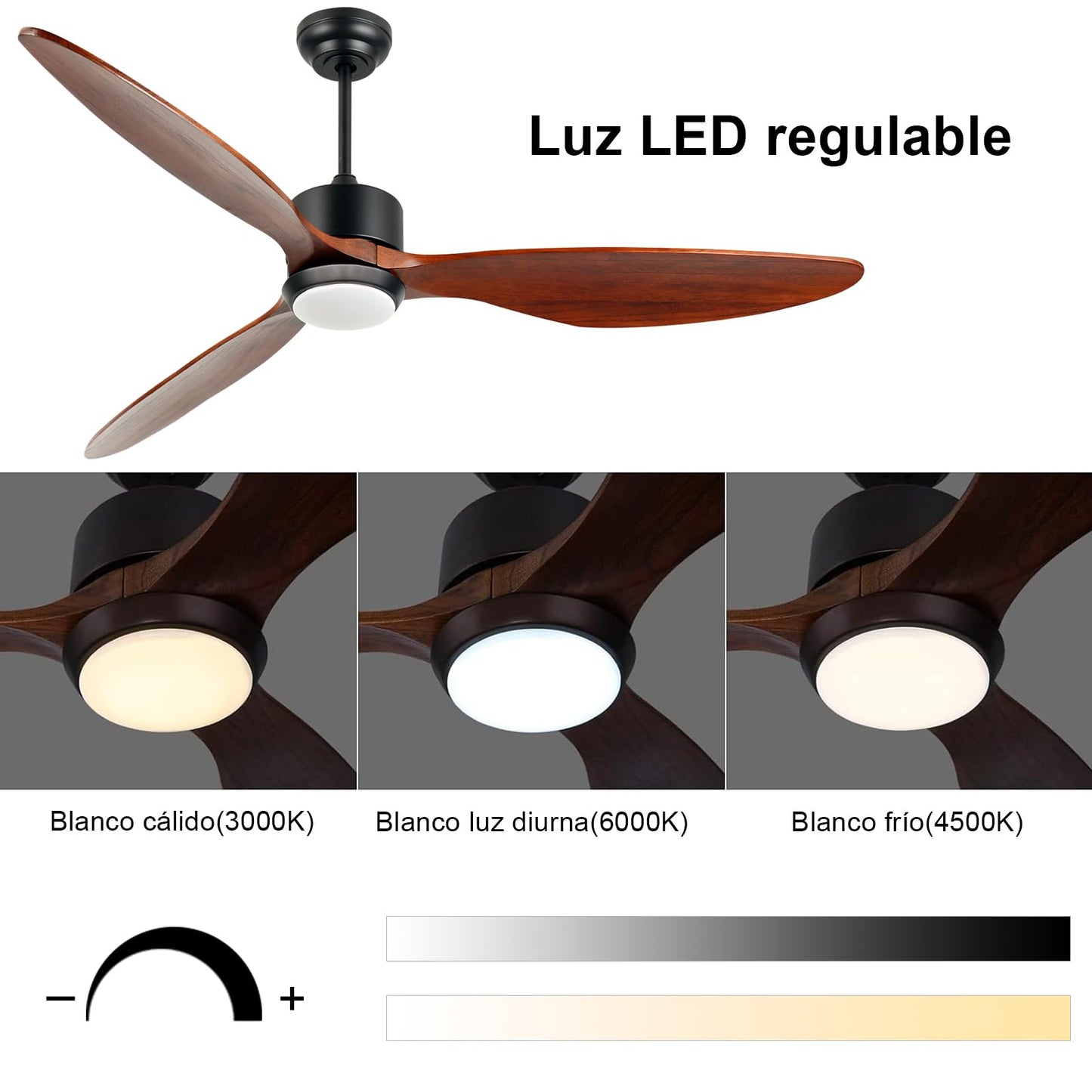 Ovlaim 165 CM de madera de nogal ventilde techo DC con luces de Control remoto, héde 3 palas ventilador de techo inteligente para la tienda de la sala de estar del dormitorio