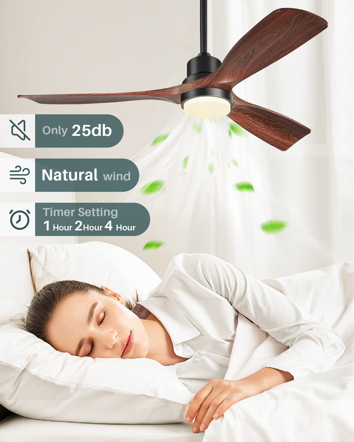 Ventilador de Techo con Luz y Mando a Distancia, Madera Ventiladores de Techo de 132 cm con Lámpara Luz Led con Motor DC, 3 Aspas, 6 Velocidades, Silencioso, Temporizador, para Dormitorio Salón