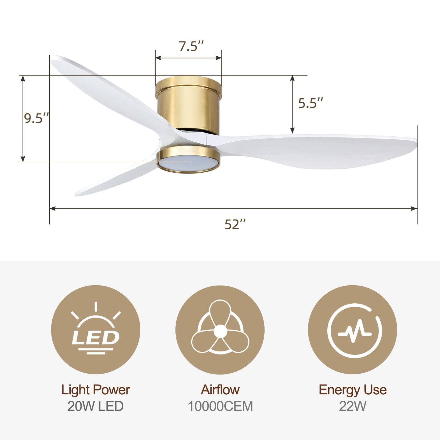 Ovlaim 132cm Smart Ventiladores de Techo de Madera Maciza con Control Remoto de Luces, Ventilador de Techo de 3 Palas Blanco Oro Moderno de Bajo Perfil y Montaje Empotrado