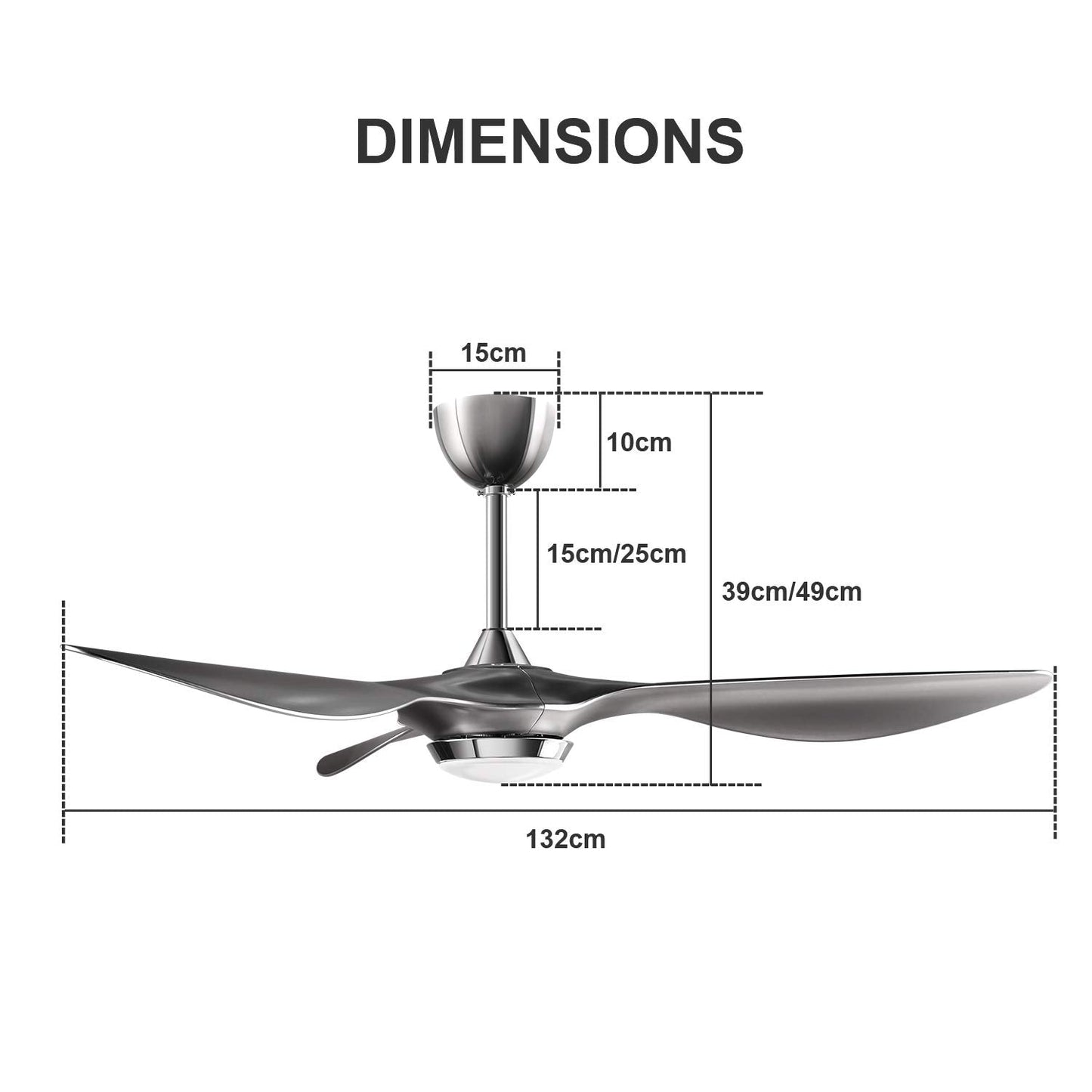 reiga 132cm Ventilatore da soffitto con luce LED dimmerabile Telecomando Lame moderne Motore reversibile silenzioso, 6 velocità, tempo (argento)