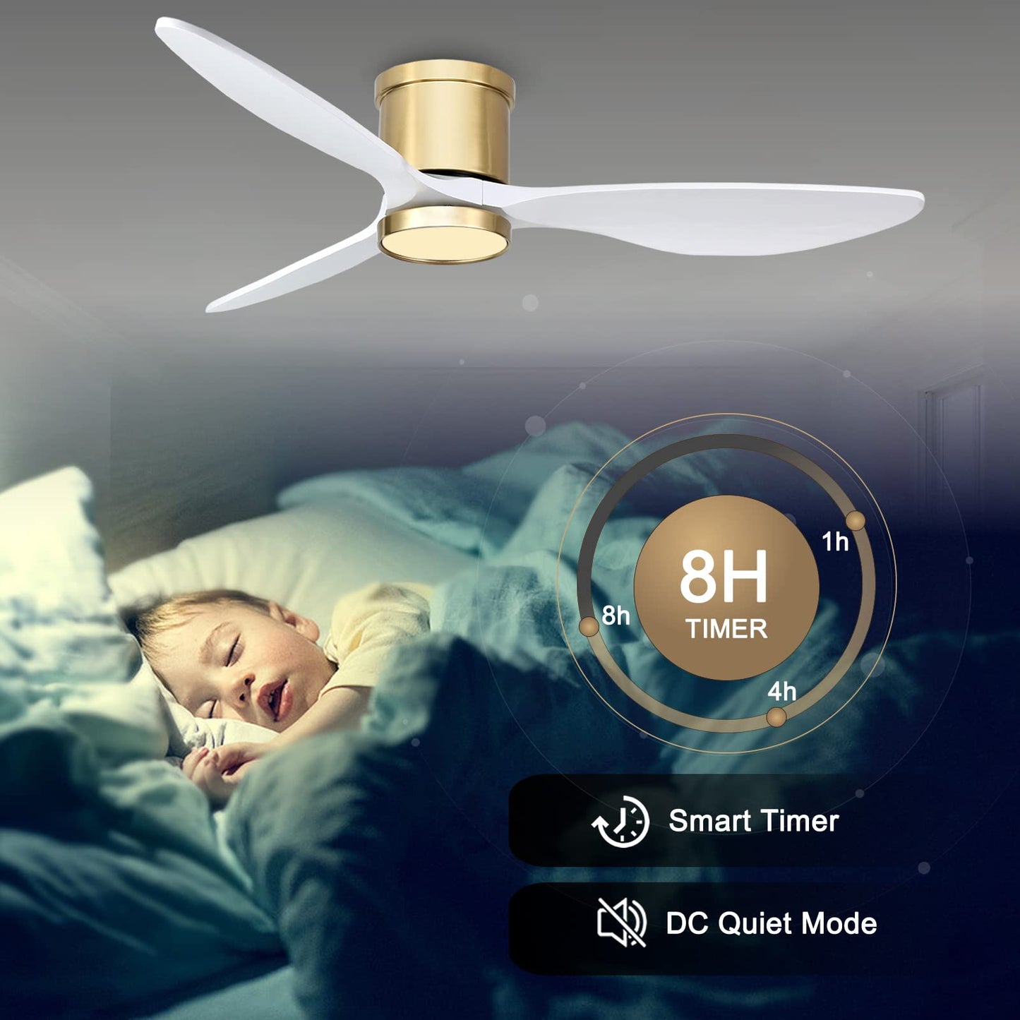 Ovlaim 132cm Smart Ventiladores de Techo de Madera Maciza con Control Remoto de Luces, Ventilador de Techo de 3 Palas Blanco Oro Moderno de Bajo Perfil y Montaje Empotrado