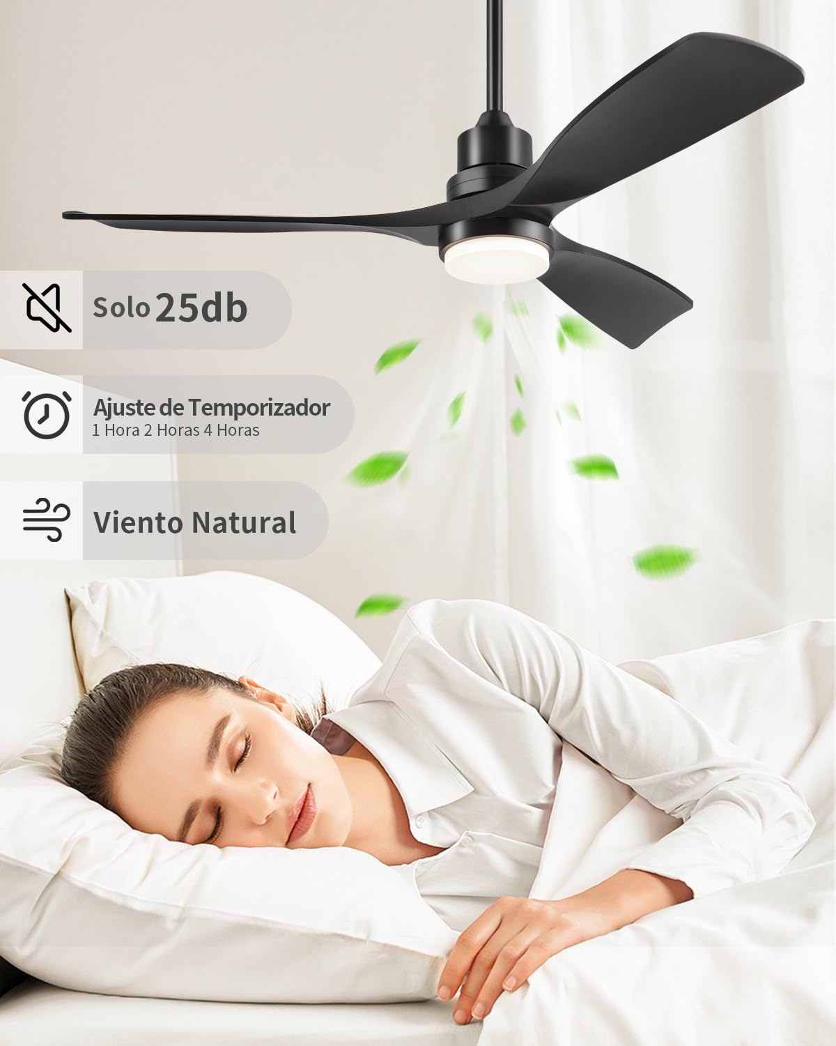 Ventilador de Techo con Luz y Mando a Distancia, Negro Ventiladores de Techo de 132 cm con Lámpara Luz Led con Motor DC, 3 Aspas, 6 Velocidades, Silencioso, Temporizador, para Exterior Dormitorio Saló
