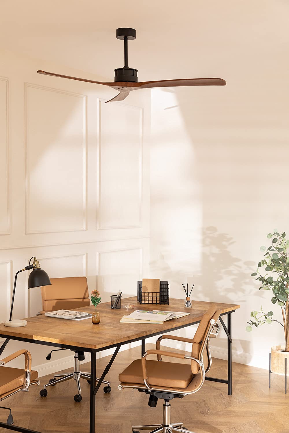 CREATE / WINDLARGE/Ventilador de techo negro aspas madera oscura con mando/XL, función verano-invierno, 6 velocidades, temporizador 1 a 4 h, 2 alturas,aspas blancas, 40W, Ø152 cm