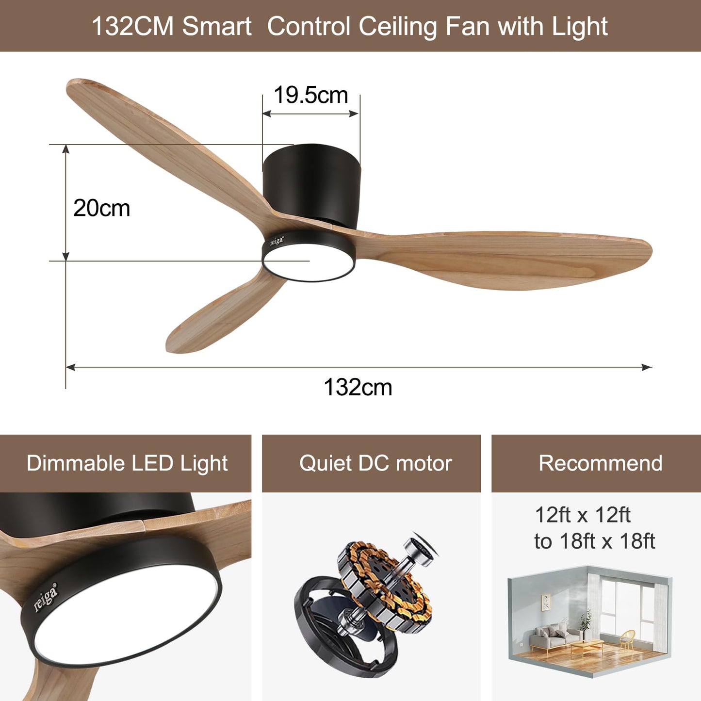 reiga Ventilador de Techo con Luz y Mando a Distancia 132 cm, 3-Aspas Madera Natural, 6 velocidades, Silencioso, Función Verano-Invierno, Temporizador