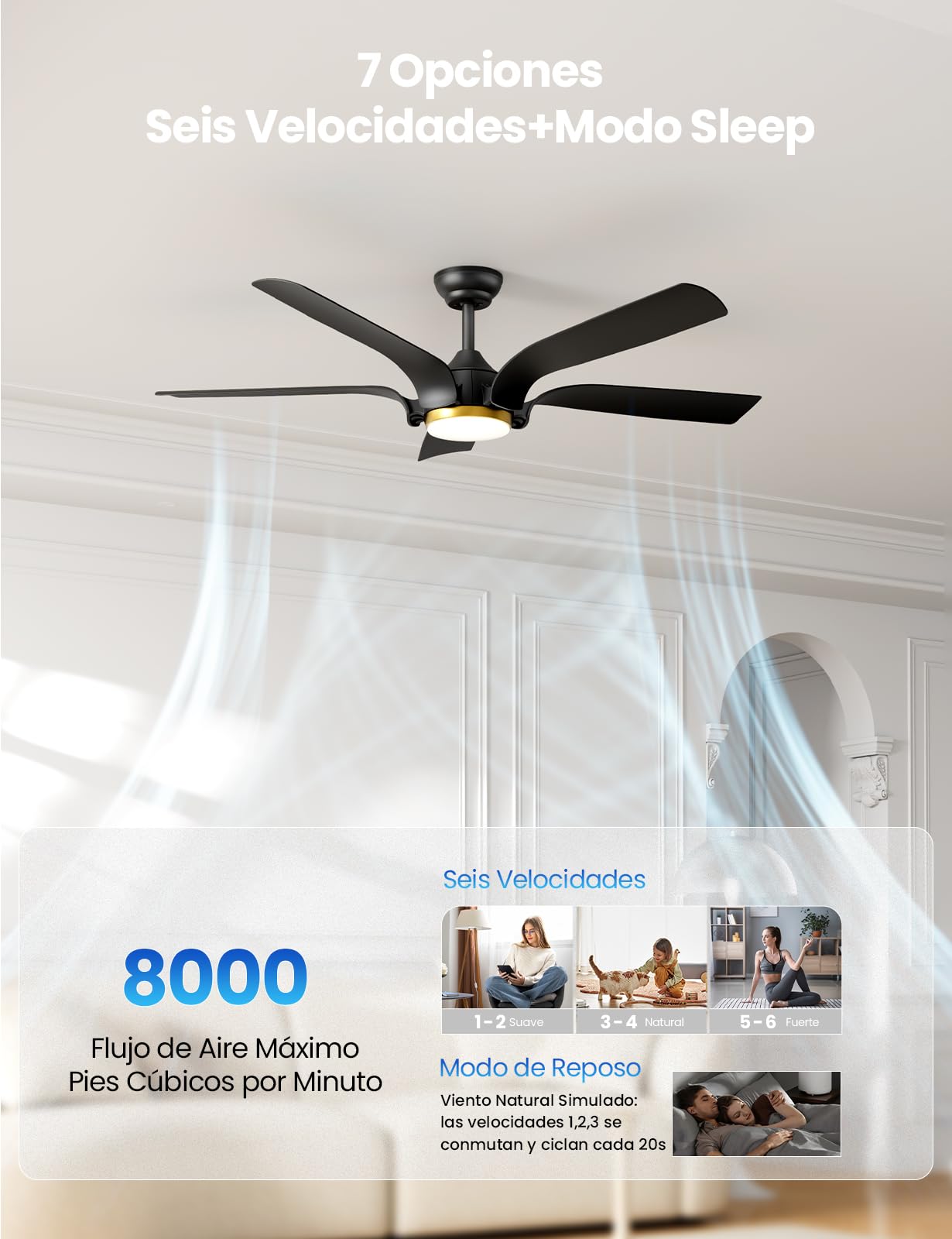 CJOY Ventilador de Techo con Luz y Mando, 142cm Negro Ventilador de Techo con Luz Silenciosa, 6 Velocidades, 3 CCT Regulable, Regulable CC, Temporizador, Modo de Espera, Memoria Función, 5 Aspas