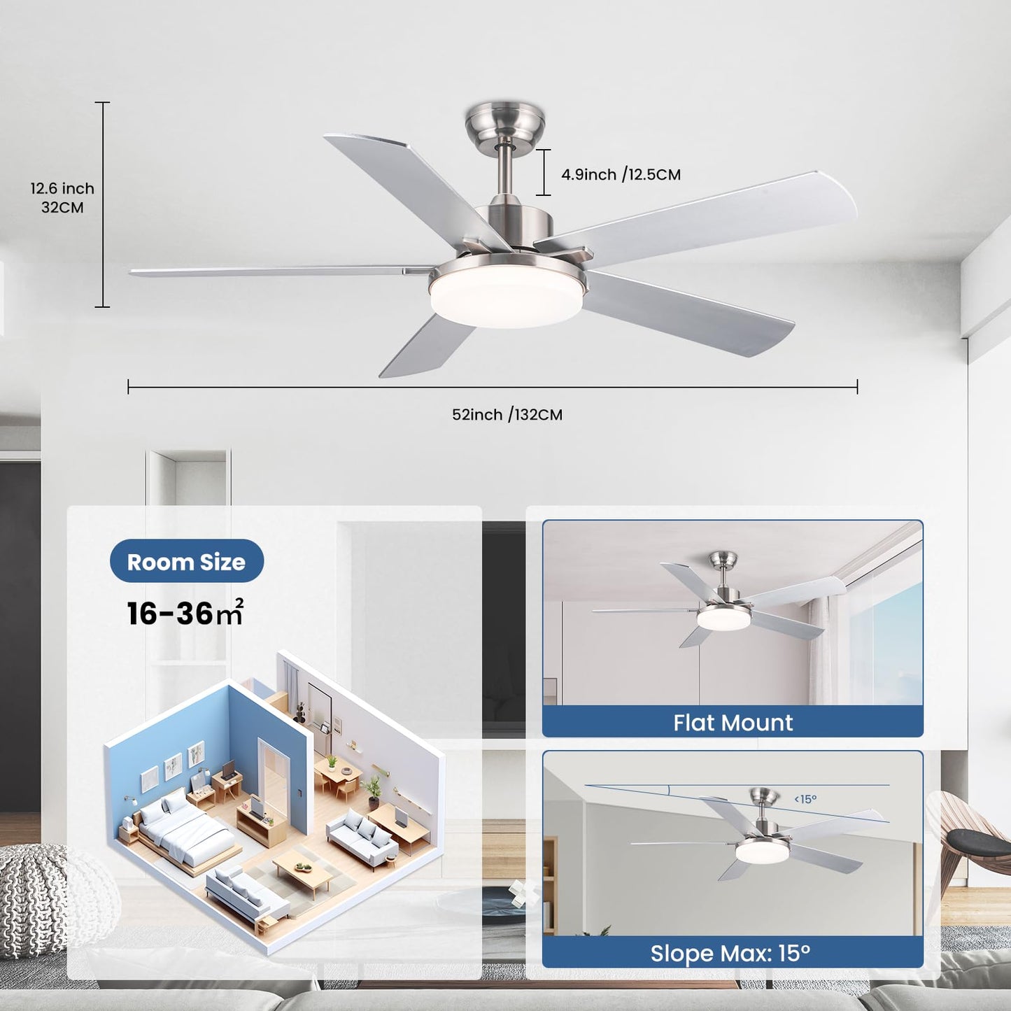 Newday 132cm Ventilador de Techo con Luz y Mando Plata, Ventilador de Techo con Lampara Regulable y 5 Aspas Grande, Motor DC Silencioso, 6 Velocidades, Patrones de Sueño para Dormitorio Terraza Salon