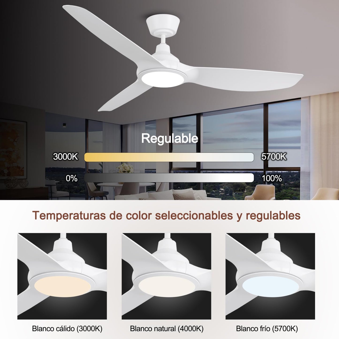 Ovlaim Ventiladores de Techo Inteligentes 132 cm Blancos con Luces y Control Remoto, Motor DC Silencioso de Alto Flujo de Aire, Ventiladores de Techo Modernos de 3 Aspas para Dormitorio
