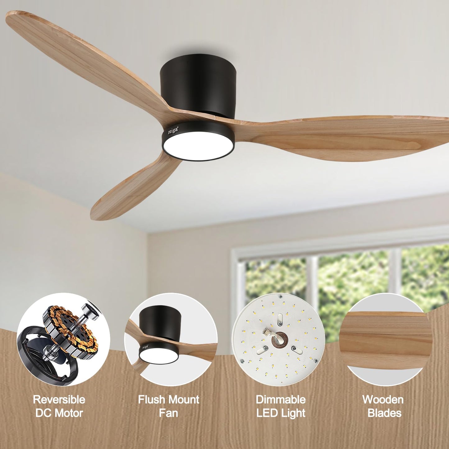 reiga Ventilador de Techo con Luz y Mando a Distancia 132 cm, 3-Aspas Madera Natural, 6 velocidades, Silencioso, Función Verano-Invierno, Temporizador