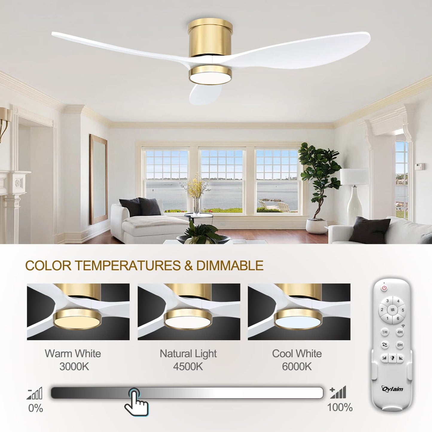 Ovlaim 132cm Smart Ventiladores de Techo de Madera Maciza con Control Remoto de Luces, Ventilador de Techo de 3 Palas Blanco Oro Moderno de Bajo Perfil y Montaje Empotrado