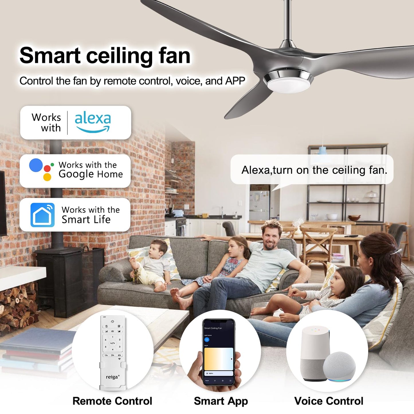 reiga 132cm Ventilatore da soffitto con luce LED dimmerabile Telecomando Lame moderne Motore reversibile silenzioso, 6 velocità, tempo (argento)