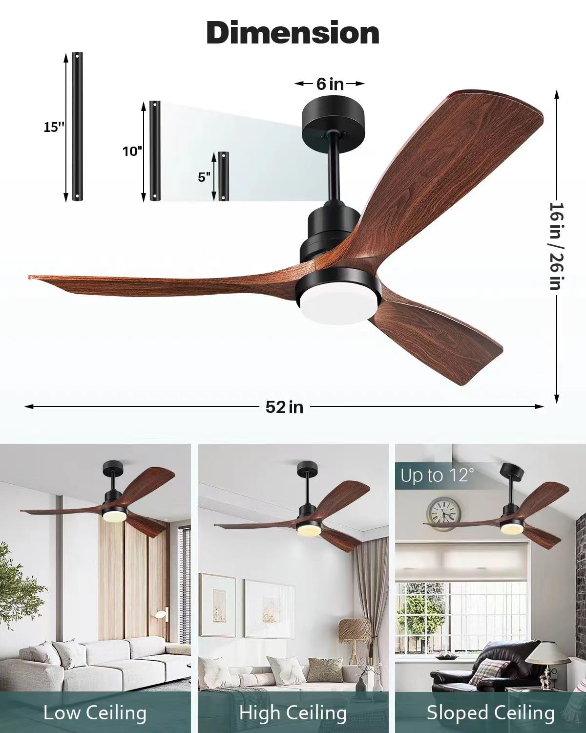 Ventilador de Techo con Luz y Mando a Distancia, Madera Ventiladores de Techo de 132 cm con Lámpara Luz Led con Motor DC, 3 Aspas, 6 Velocidades, Silencioso, Temporizador, para Dormitorio Salón