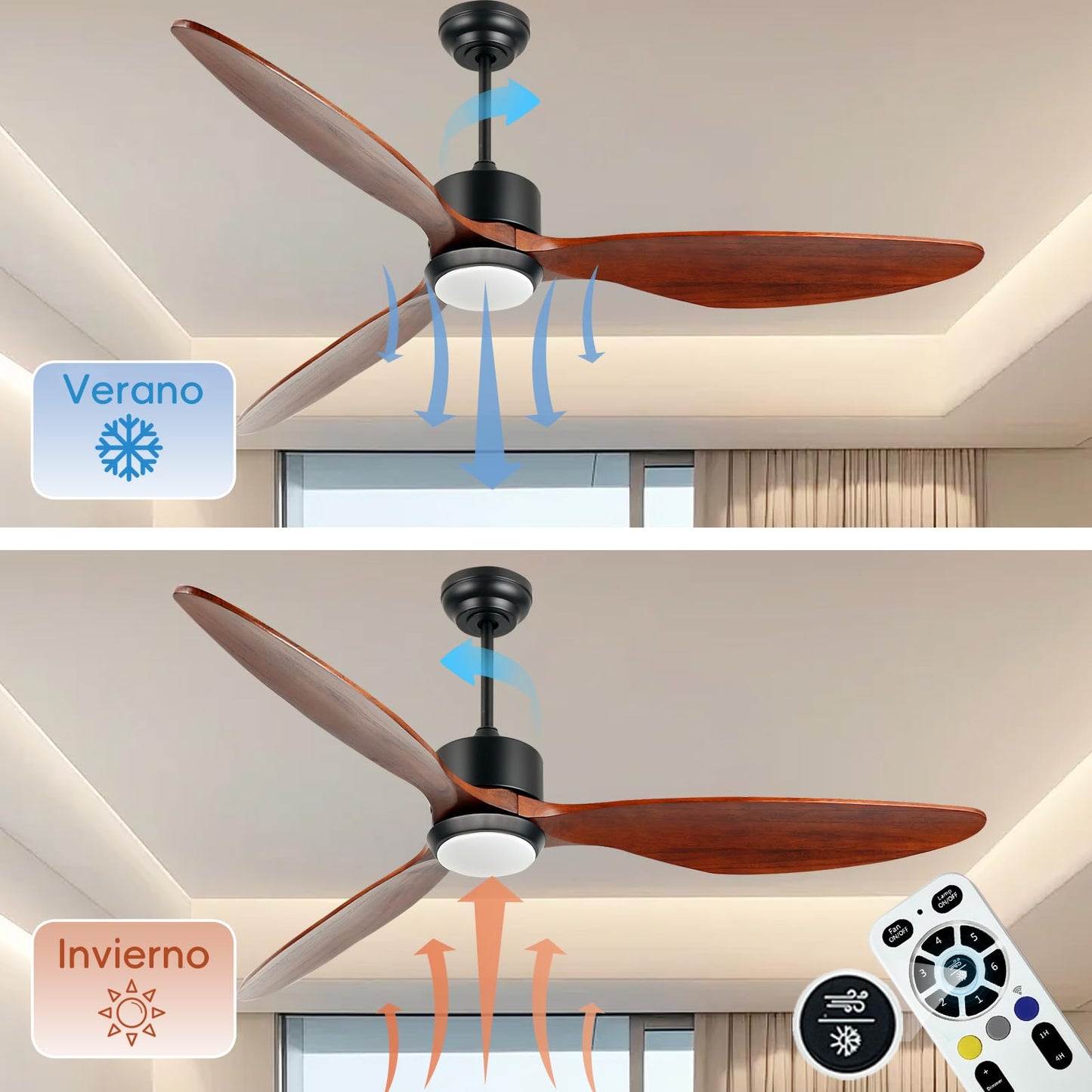 Ovlaim 165 CM de madera de nogal ventilde techo DC con luces de Control remoto, héde 3 palas ventilador de techo inteligente para la tienda de la sala de estar del dormitorio