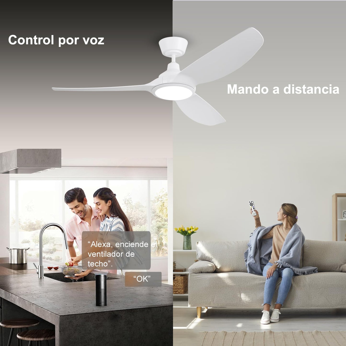 Ovlaim Ventiladores de Techo Inteligentes 132 cm Blancos con Luces y Control Remoto, Motor DC Silencioso de Alto Flujo de Aire, Ventiladores de Techo Modernos de 3 Aspas para Dormitorio
