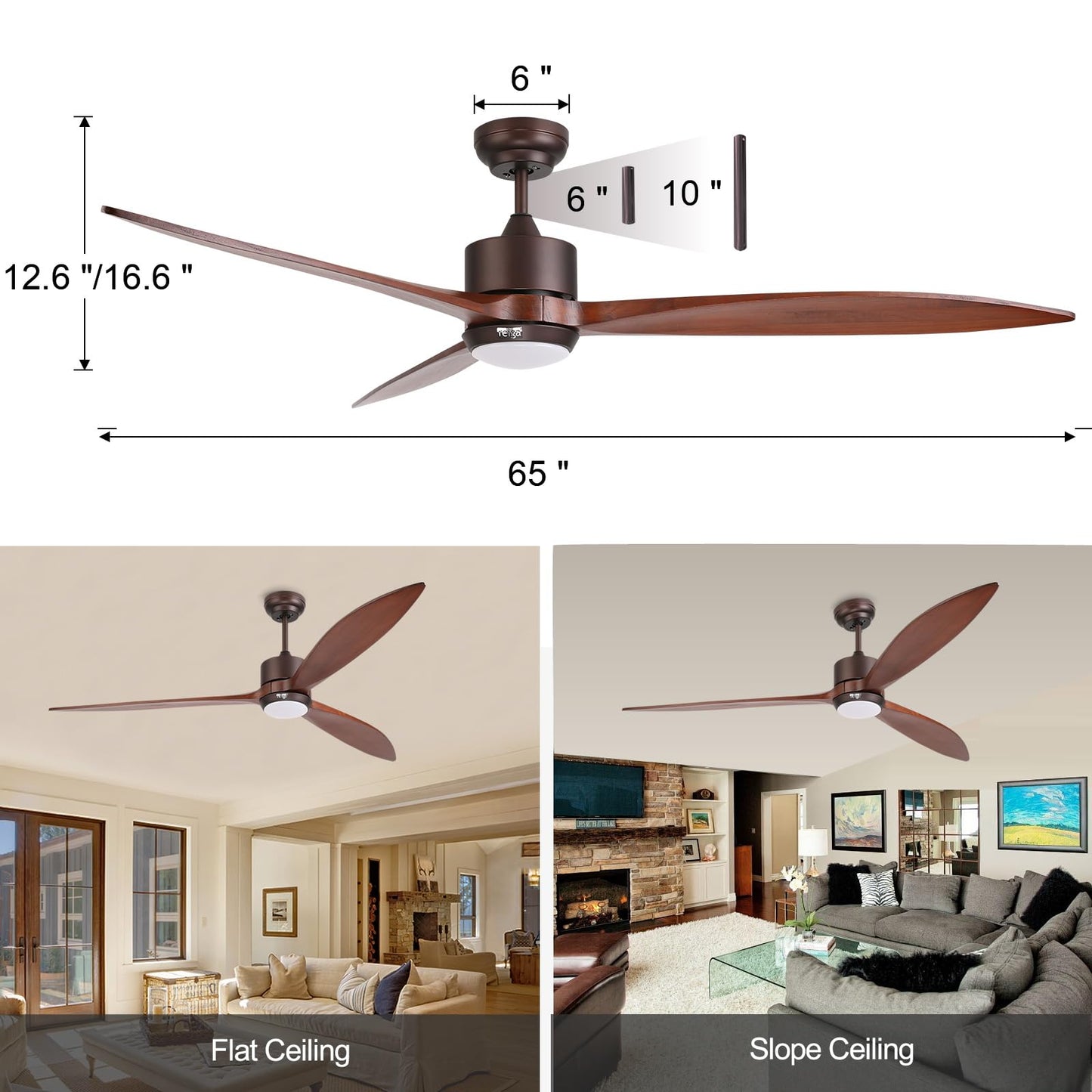 reiga Ventilador de techo exterior de madera maciza de 165 cm con motor CC, kit de iluminación LED regulable, compatible con Alexa, Google Home, aplicación y mando a distancia, 6 velocidades, IP44