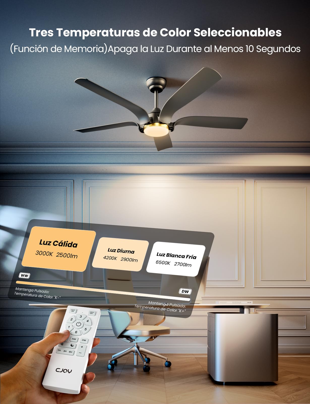 CJOY Ventilador de Techo con Luz y Mando, 142cm Negro Ventilador de Techo con Luz Silenciosa, 6 Velocidades, 3 CCT Regulable, Regulable CC, Temporizador, Modo de Espera, Memoria Función, 5 Aspas
