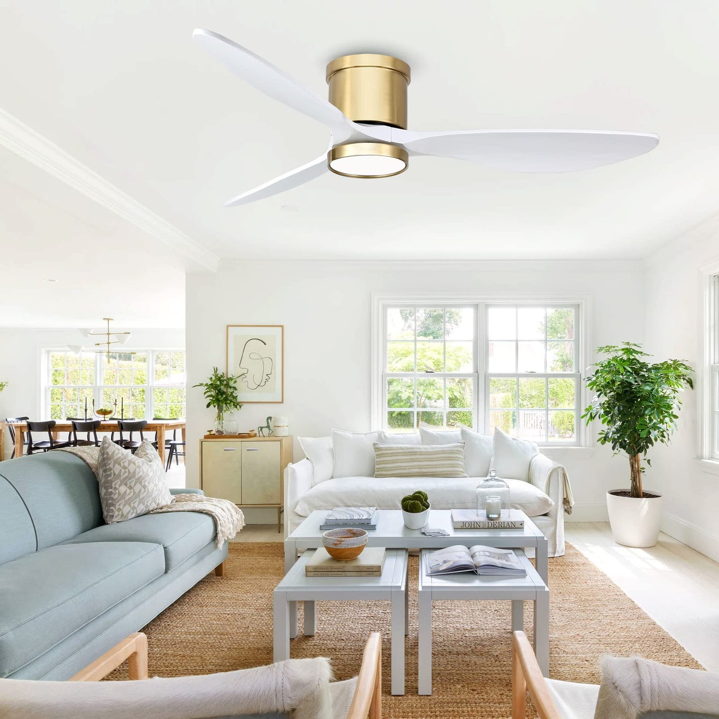 Ovlaim 132cm Smart Ventiladores de Techo de Madera Maciza con Control Remoto de Luces, Ventilador de Techo de 3 Palas Blanco Oro Moderno de Bajo Perfil y Montaje Empotrado