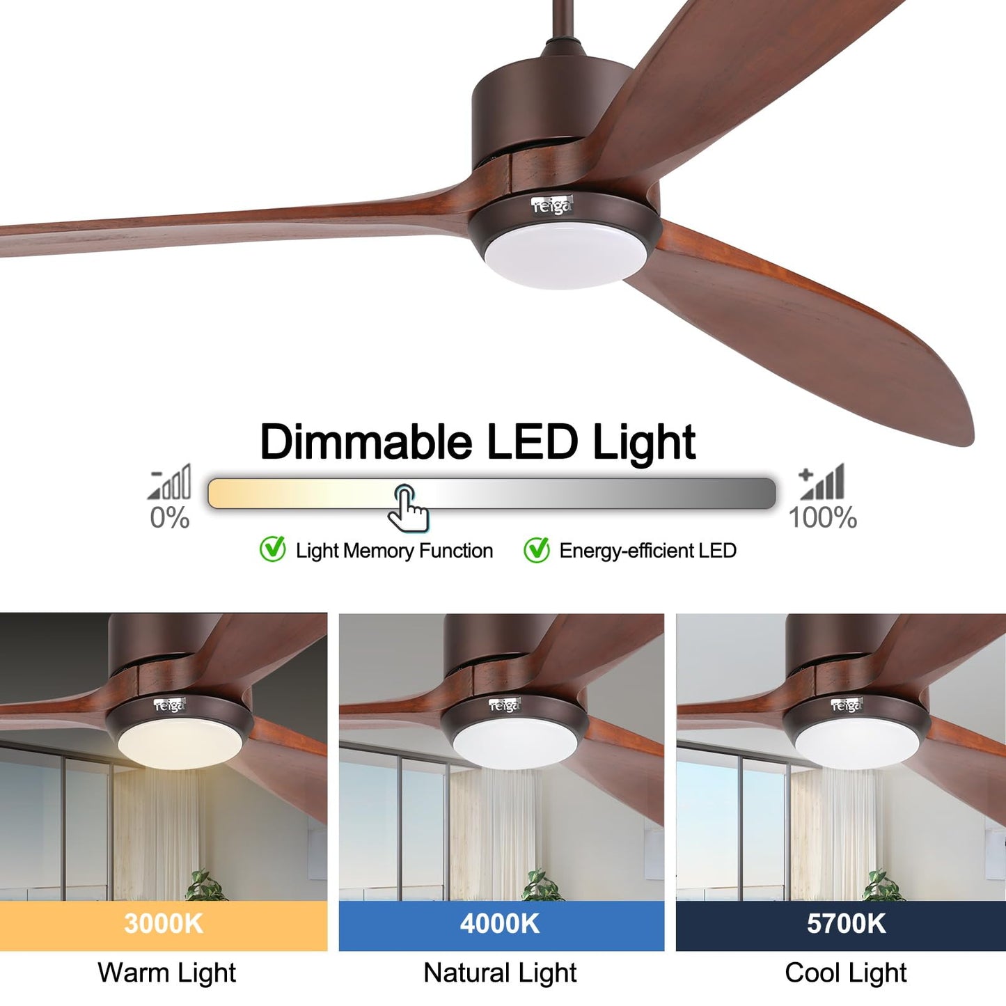 reiga Ventilador de techo exterior de madera maciza de 165 cm con motor CC, kit de iluminación LED regulable, compatible con Alexa, Google Home, aplicación y mando a distancia, 6 velocidades, IP44