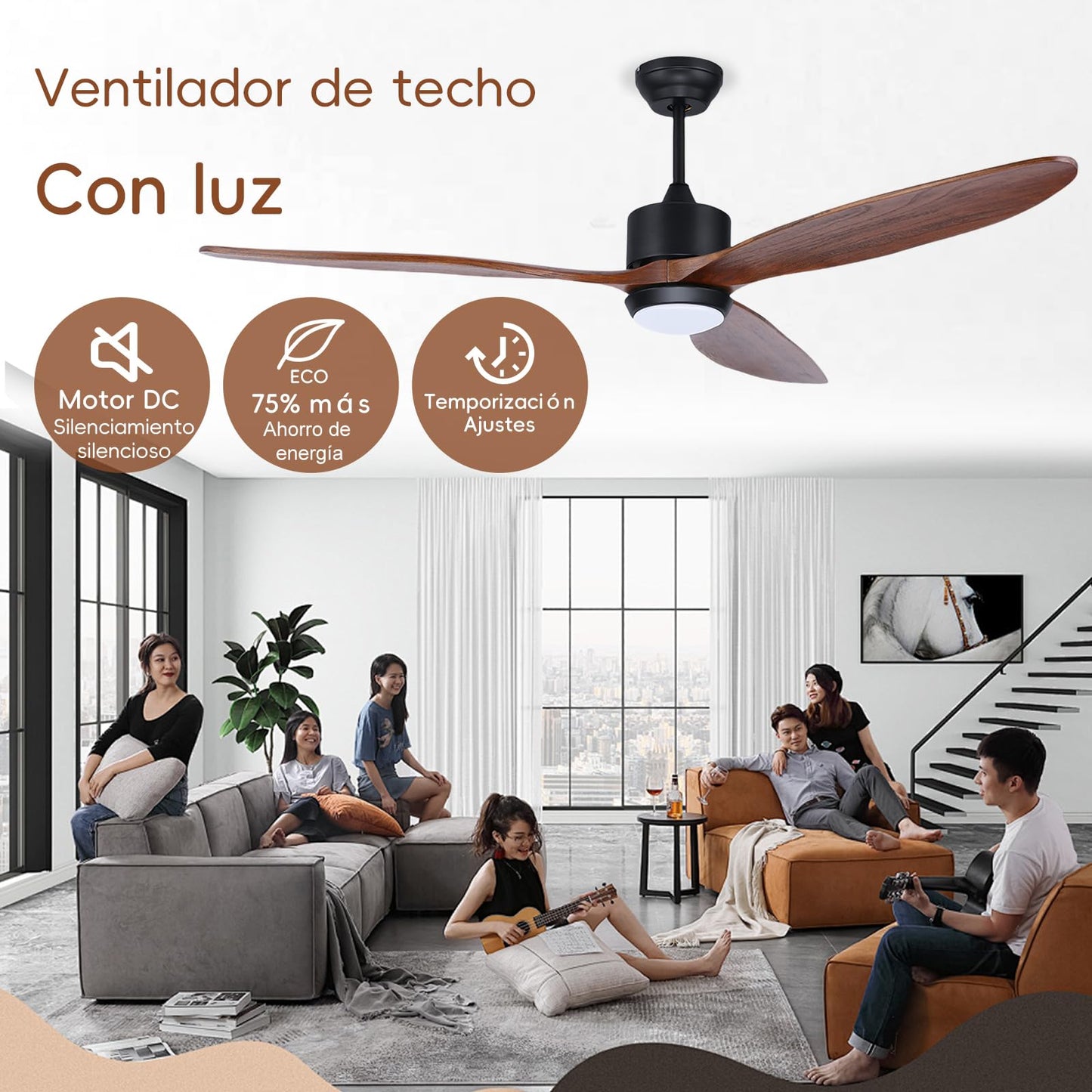 Ovlaim 165 CM de madera de nogal ventilde techo DC con luces de Control remoto, héde 3 palas ventilador de techo inteligente para la tienda de la sala de estar del dormitorio