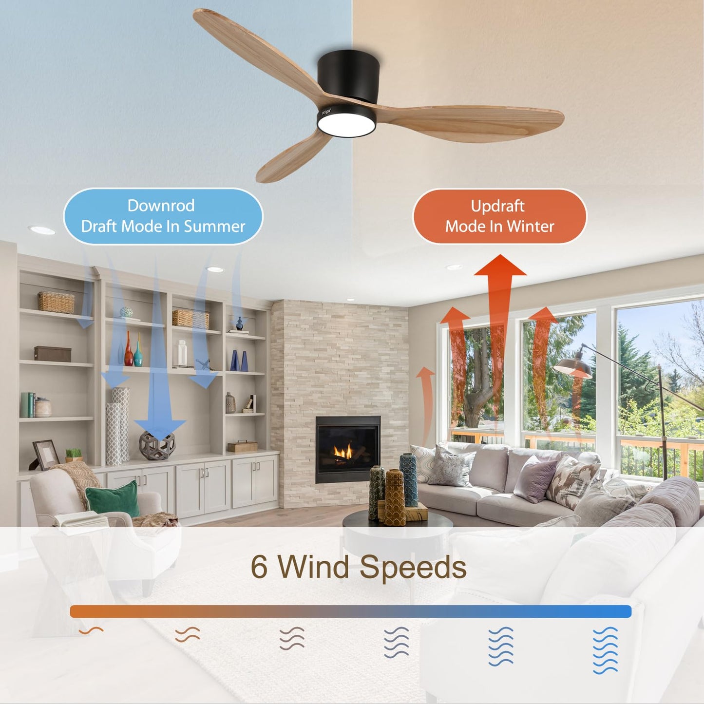 reiga Ventilador de Techo con Luz y Mando a Distancia 132 cm, 3-Aspas Madera Natural, 6 velocidades, Silencioso, Función Verano-Invierno, Temporizador