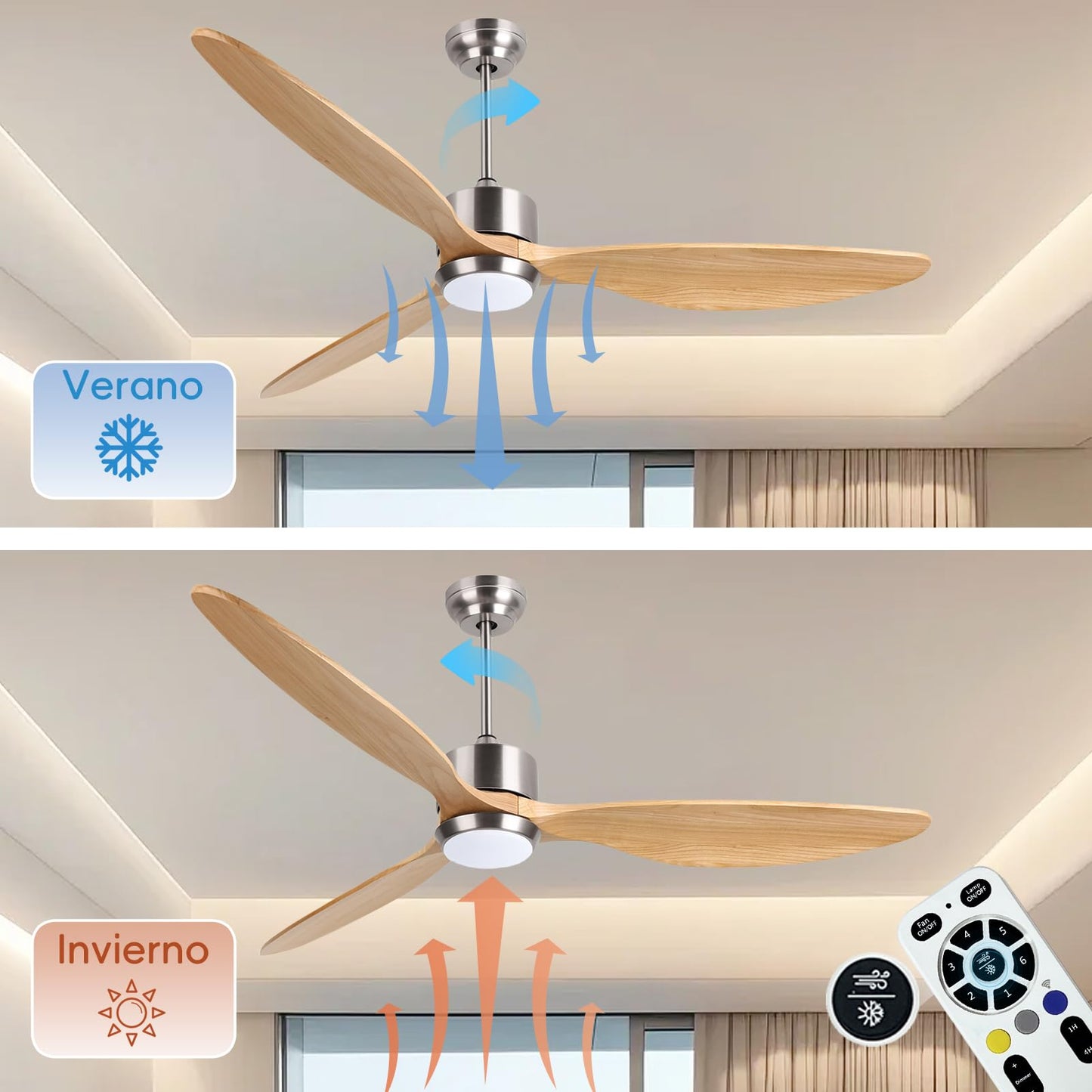 Ovlaim 165 CM Ventilador de techo inteligente de madera maciza de 3 aspas con luz y mando a distancia, motor DC silencioso de 6 velocidades para sala de estar del dormitorio