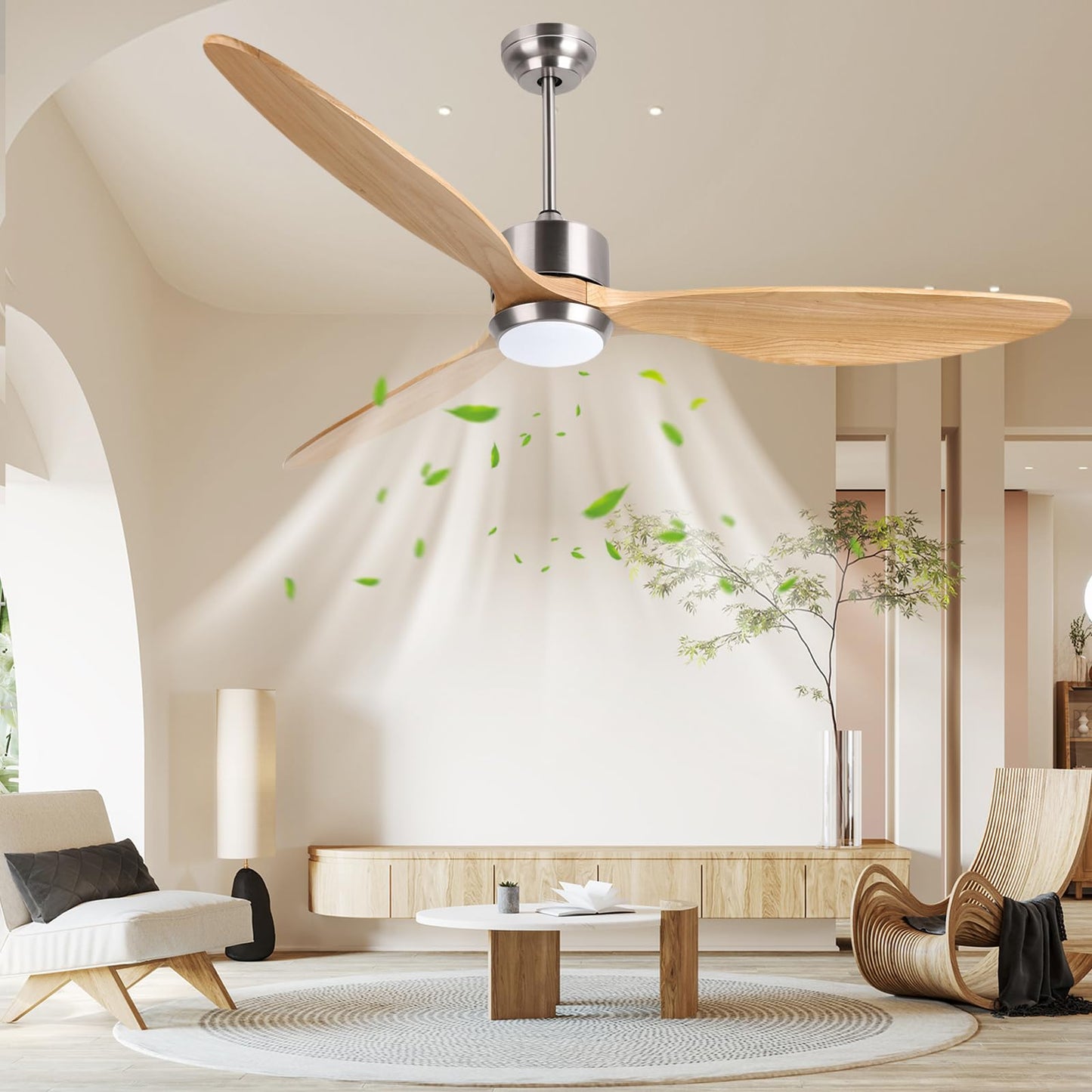 Ovlaim 165 CM Ventilador de techo inteligente de madera maciza de 3 aspas con luz y mando a distancia, motor DC silencioso de 6 velocidades para sala de estar del dormitorio