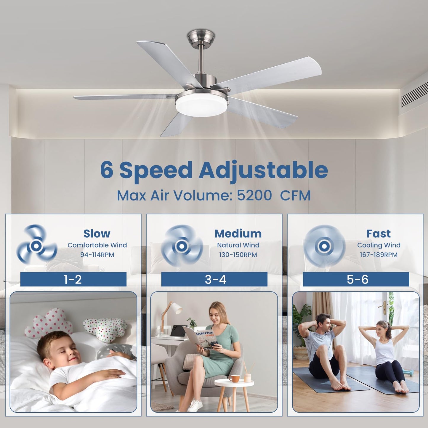 Newday 132cm Ventilador de Techo con Luz y Mando Plata, Ventilador de Techo con Lampara Regulable y 5 Aspas Grande, Motor DC Silencioso, 6 Velocidades, Patrones de Sueño para Dormitorio Terraza Salon