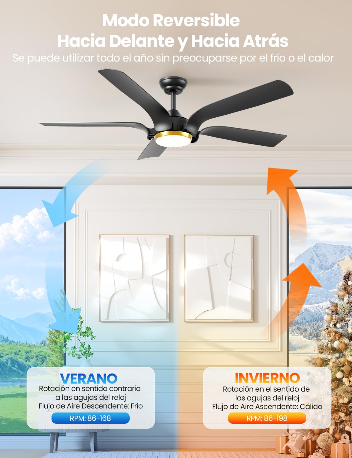 CJOY Ventilador de Techo con Luz y Mando, 142cm Negro Ventilador de Techo con Luz Silenciosa, 6 Velocidades, 3 CCT Regulable, Regulable CC, Temporizador, Modo de Espera, Memoria Función, 5 Aspas