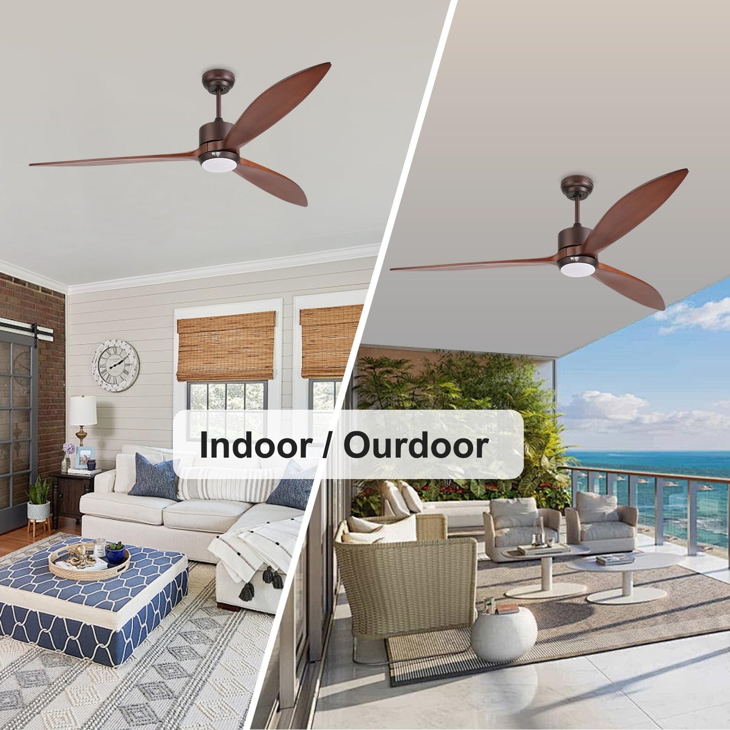 reiga Ventilador de techo exterior de madera maciza de 165 cm con motor CC, kit de iluminación LED regulable, compatible con Alexa, Google Home, aplicación y mando a distancia, 6 velocidades, IP44