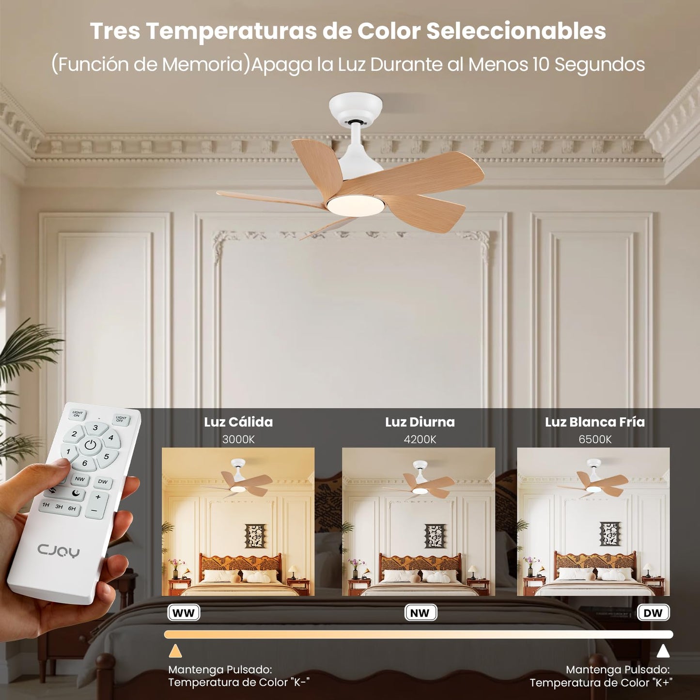 CJOY Ventilador de Techo con Luz Silencioso, 76 cm Madera Ventilador de Techo con Luz y Mando, 6 Velocidades, Memoria 3 CCT, Regulable, Reversible CC, Temporizador, Modo Sleep, Para Dormitorio