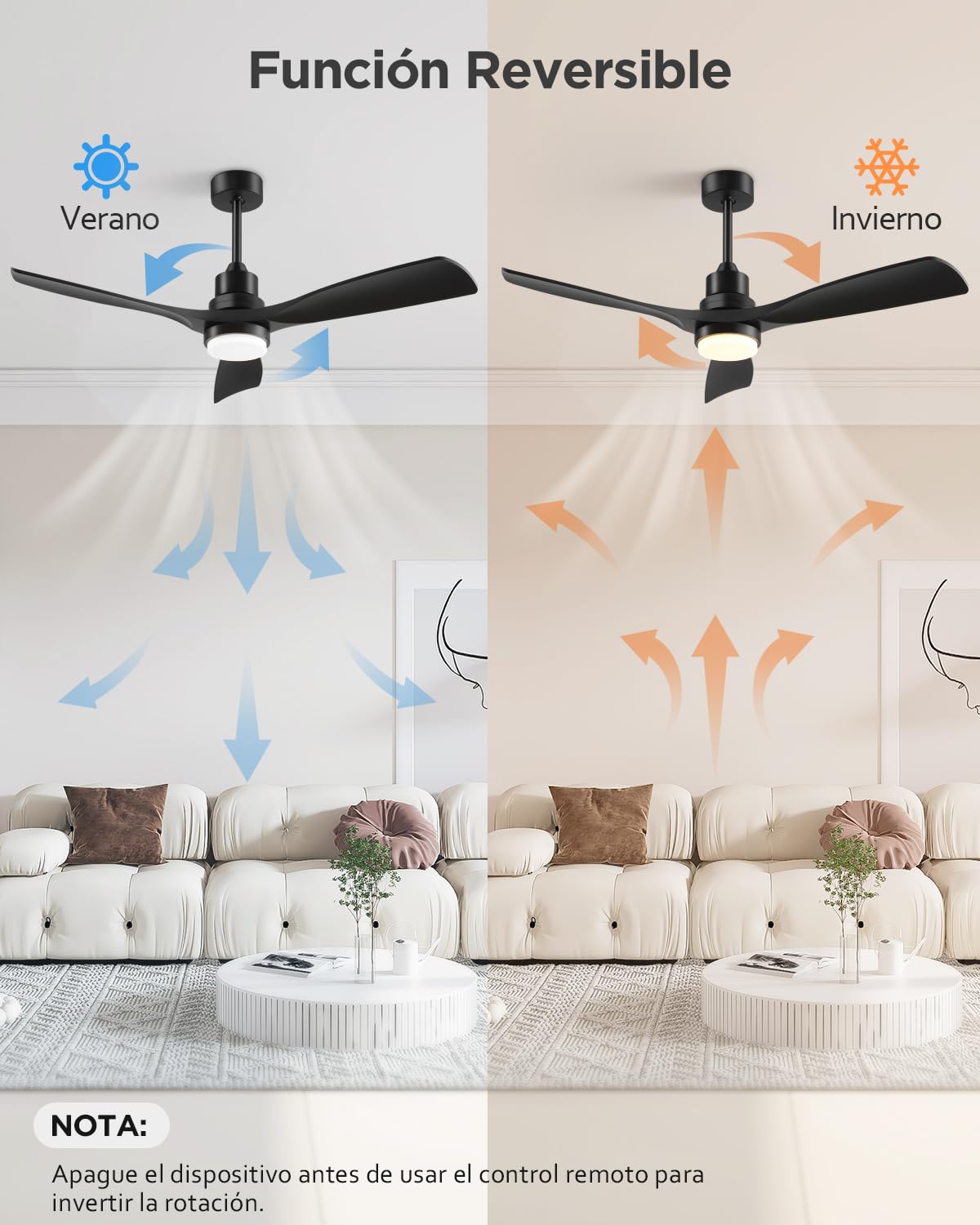 Ventilador de Techo con Luz y Mando a Distancia, Negro Ventiladores de Techo de 132 cm con Lámpara Luz Led con Motor DC, 3 Aspas, 6 Velocidades, Silencioso, Temporizador, para Exterior Dormitorio Saló