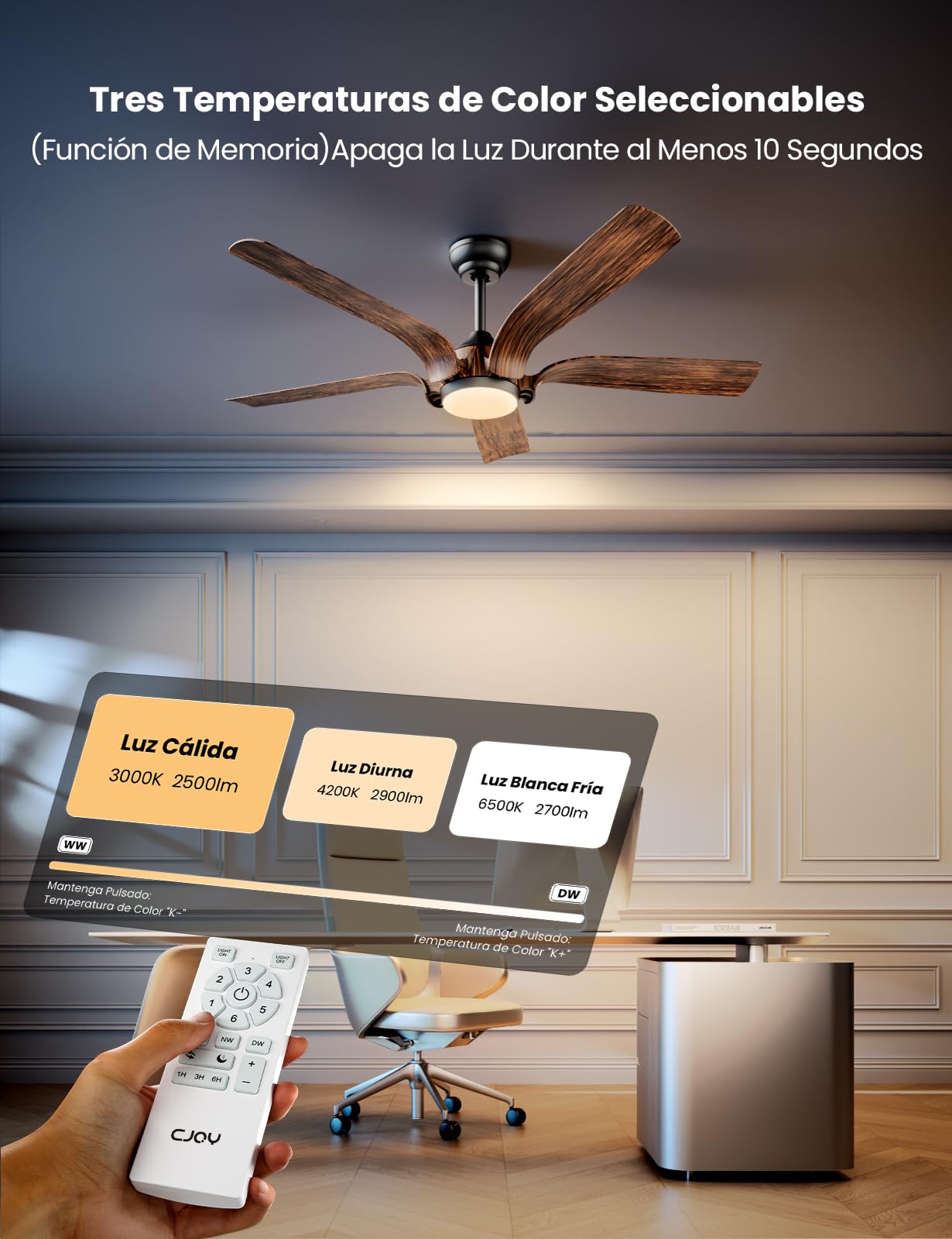 CJOY Ventilador de Techo con Luz y Mando, 142cm Ventilador de Techo con Luz Silenciosa Negro Madera, 6 Velocidades, Memoria 3 CCT Regulable, Regulable CC, Temporizador, Modo de Espera, 5 Aspas
