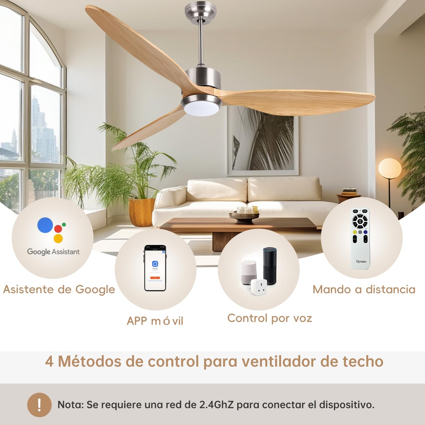 Ovlaim 165 CM Ventilador de techo inteligente de madera maciza de 3 aspas con luz y mando a distancia, motor DC silencioso de 6 velocidades para sala de estar del dormitorio