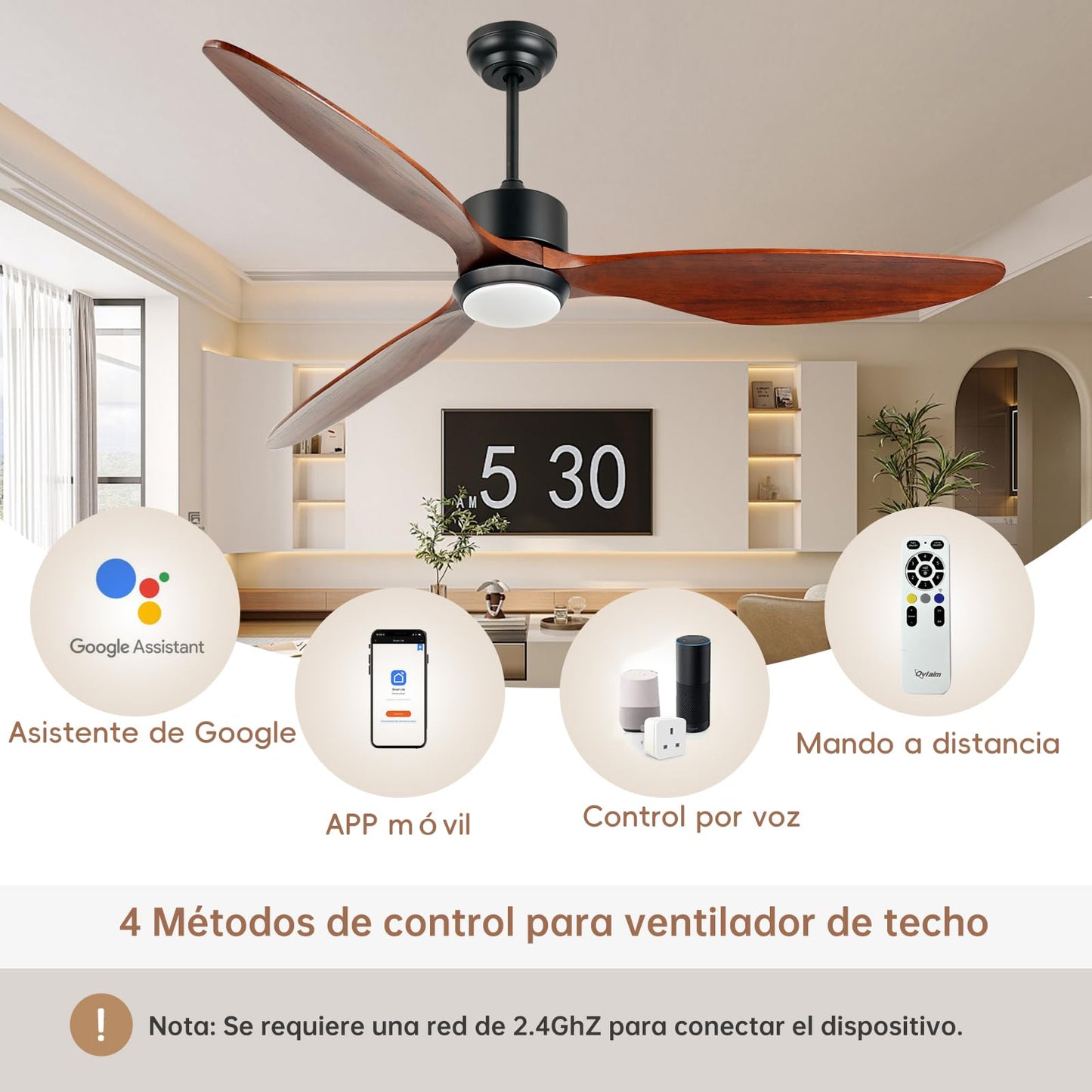 Ovlaim 165 CM de madera de nogal ventilde techo DC con luces de Control remoto, héde 3 palas ventilador de techo inteligente para la tienda de la sala de estar del dormitorio