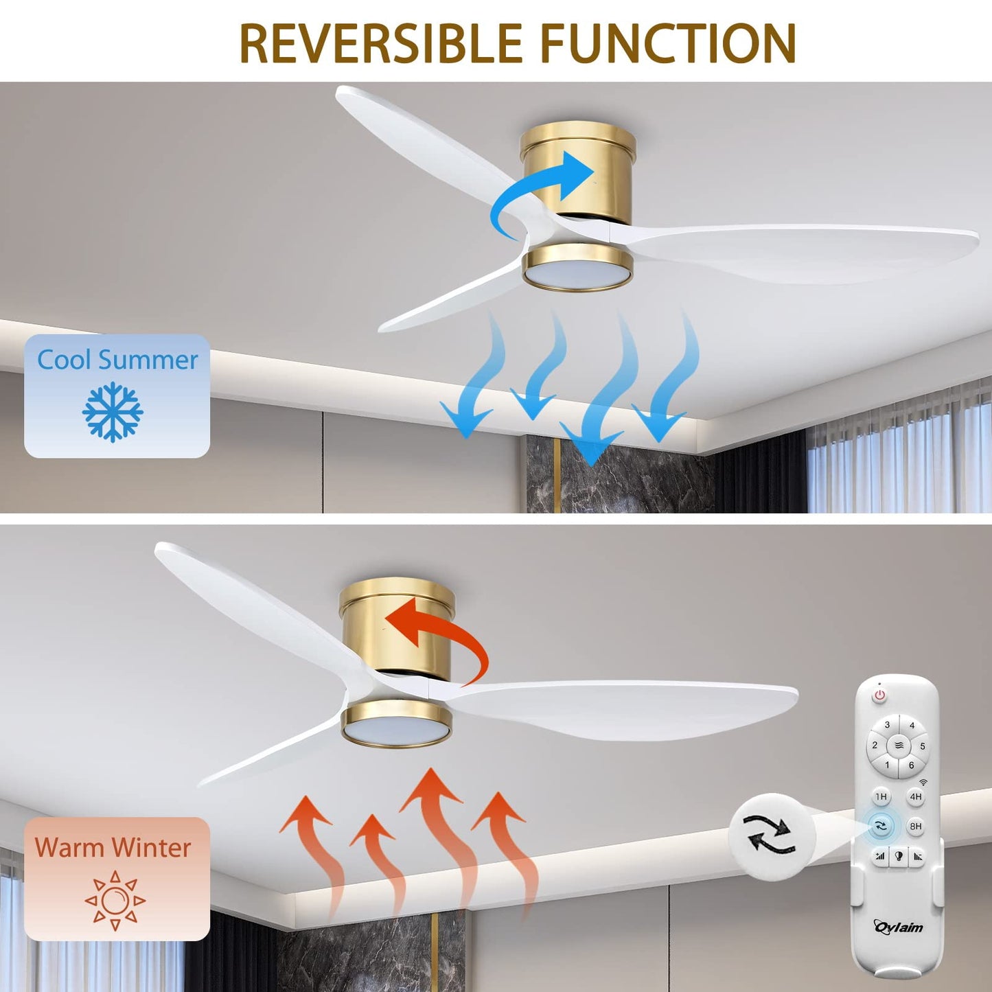 Ovlaim 132cm Smart Ventiladores de Techo de Madera Maciza con Control Remoto de Luces, Ventilador de Techo de 3 Palas Blanco Oro Moderno de Bajo Perfil y Montaje Empotrado