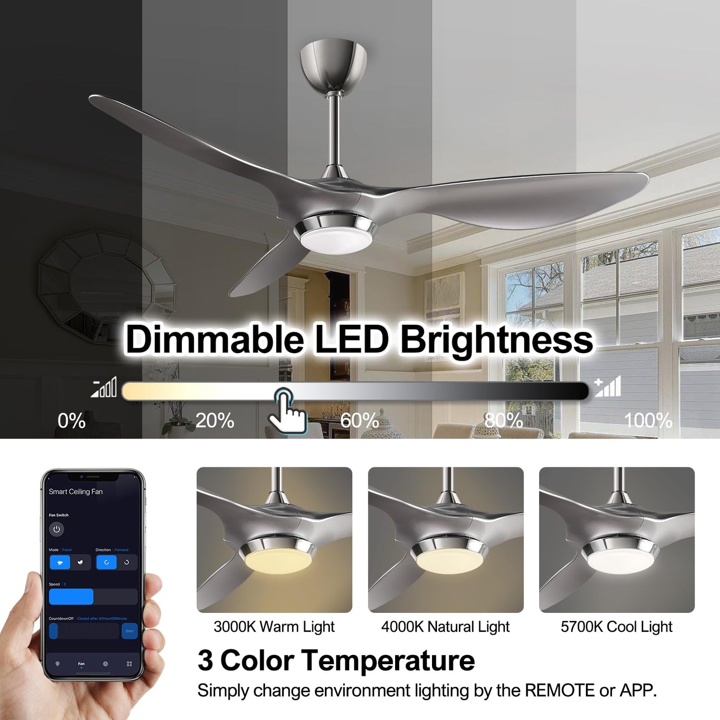 reiga 132cm Ventilatore da soffitto con luce LED dimmerabile Telecomando Lame moderne Motore reversibile silenzioso, 6 velocità, tempo (argento)