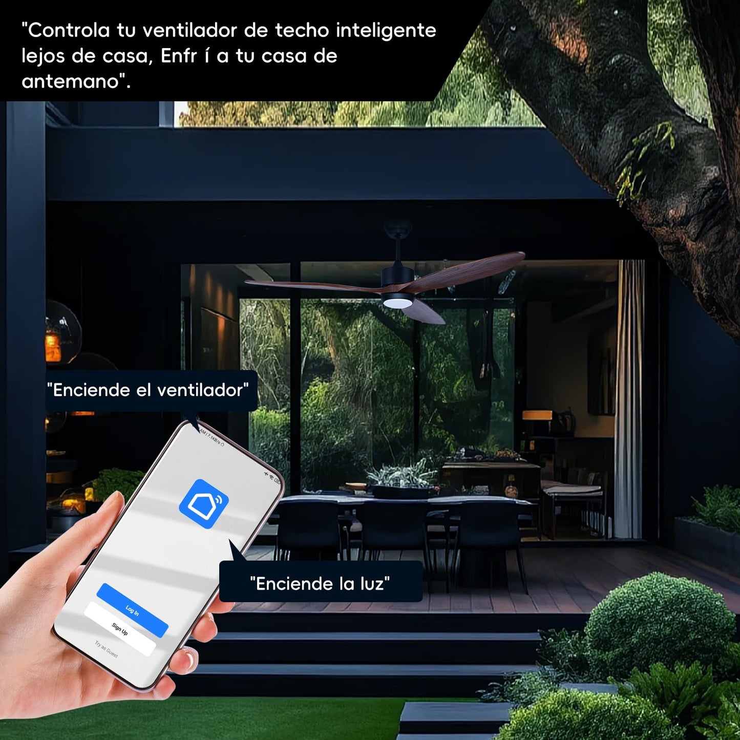 Ovlaim 165 CM de madera de nogal ventilde techo DC con luces de Control remoto, héde 3 palas ventilador de techo inteligente para la tienda de la sala de estar del dormitorio