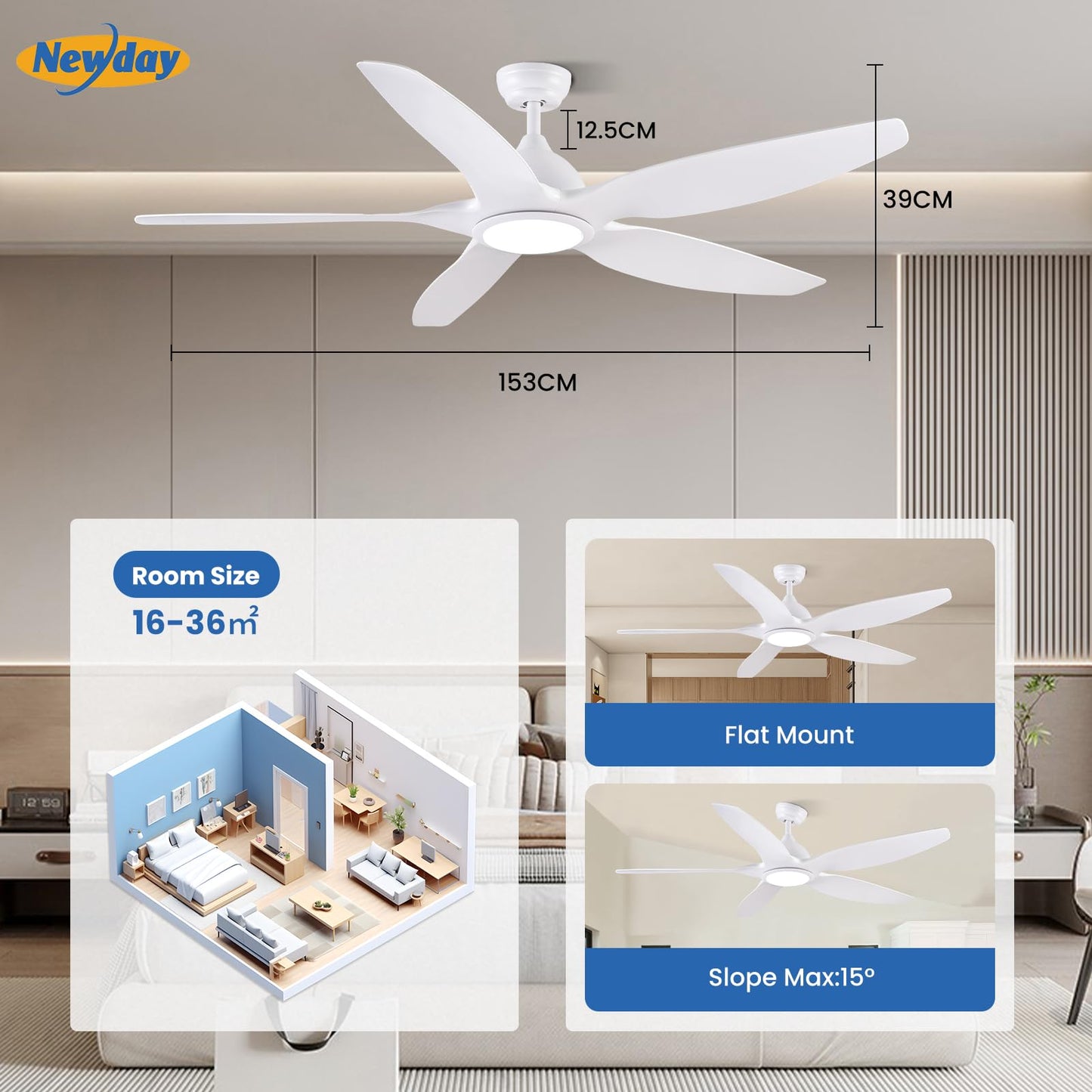 Newday 153cm Ventilador de Techo con Luz y Mando a Distancia, 5 aspas Blanco Grande, Motor DC Silencioso, LED Dimmer Para Sala de estar del Dormitorio
