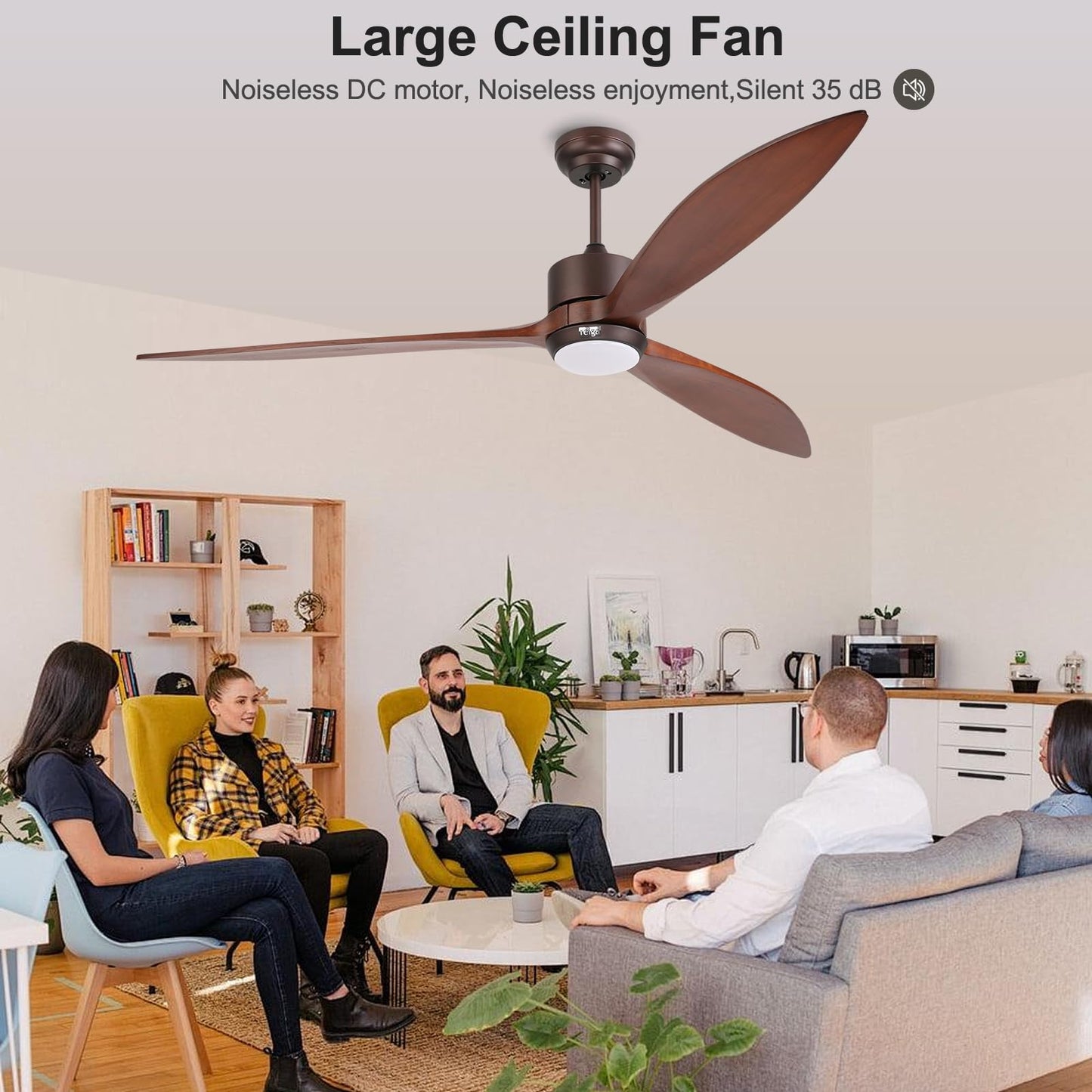 reiga Ventilador de techo exterior de madera maciza de 165 cm con motor CC, kit de iluminación LED regulable, compatible con Alexa, Google Home, aplicación y mando a distancia, 6 velocidades, IP44