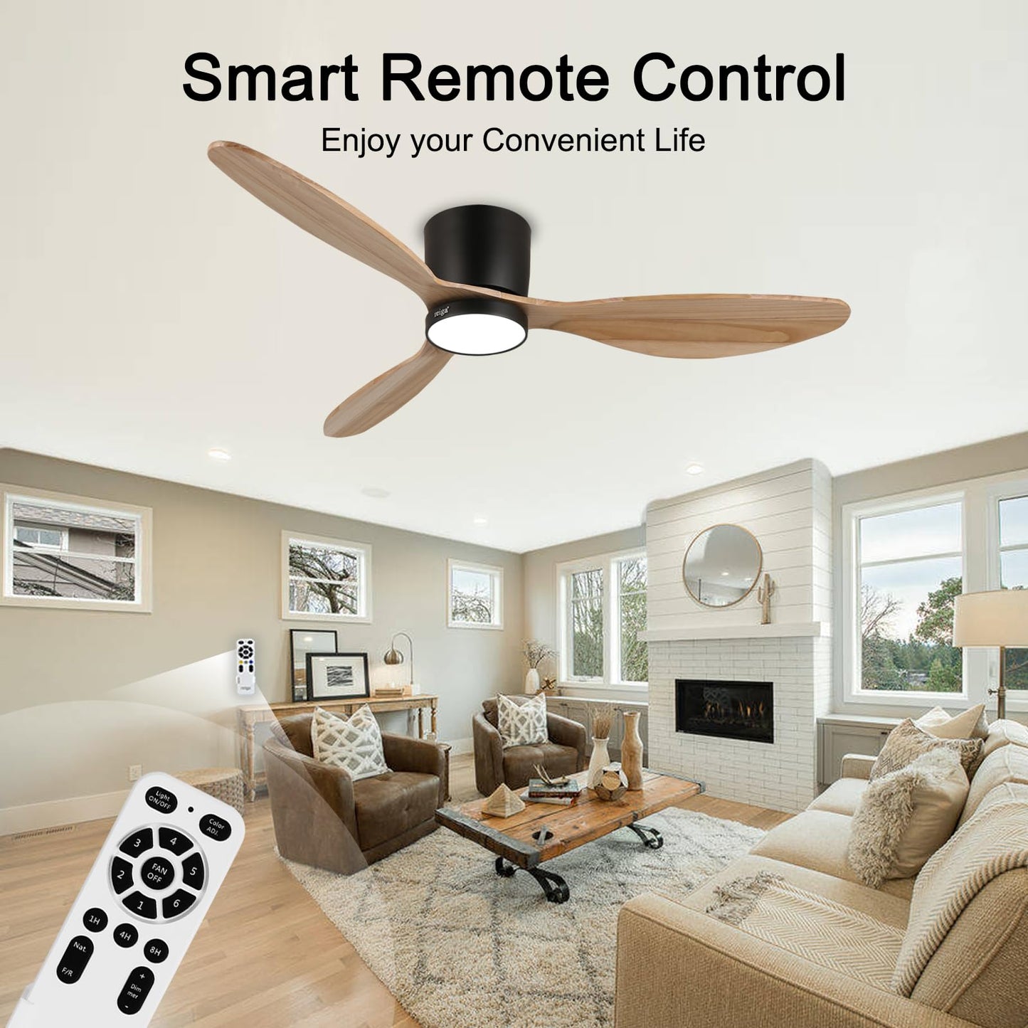 reiga Ventilador de Techo con Luz y Mando a Distancia 132 cm, 3-Aspas Madera Natural, 6 velocidades, Silencioso, Función Verano-Invierno, Temporizador