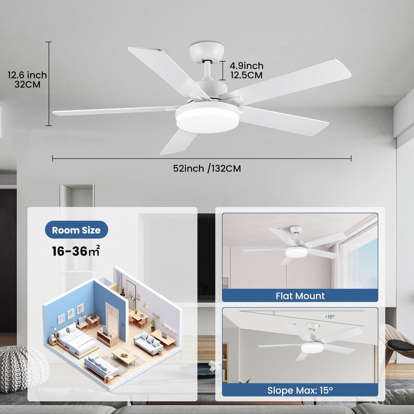 Newday 132cm Ventilador de Techo con Luz y Mando Blanco, Reversibles DC Motor Silencioso, Lámpara Dimmer, 5 Aspas, 3 Temporizadores, Función de Memoria,Patrones de Sueño para Dormitorio