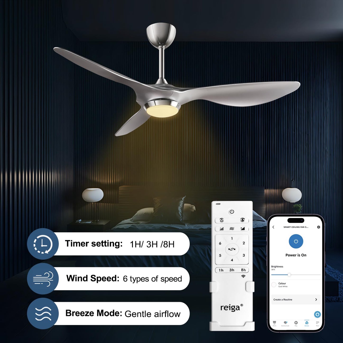 reiga 132cm Ventilatore da soffitto con luce LED dimmerabile Telecomando Lame moderne Motore reversibile silenzioso, 6 velocità, tempo (argento)