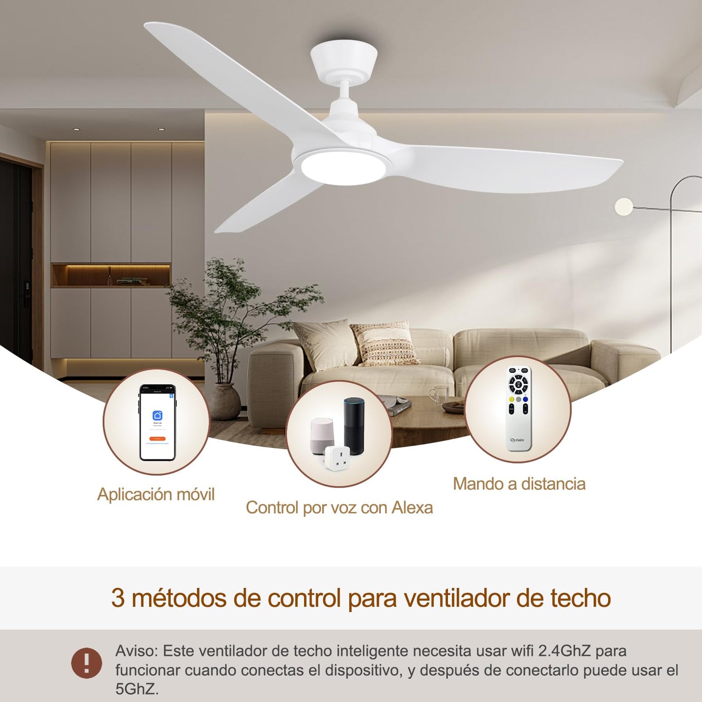 Ovlaim Ventiladores de Techo Inteligentes 132 cm Blancos con Luces y Control Remoto, Motor DC Silencioso de Alto Flujo de Aire, Ventiladores de Techo Modernos de 3 Aspas para Dormitorio